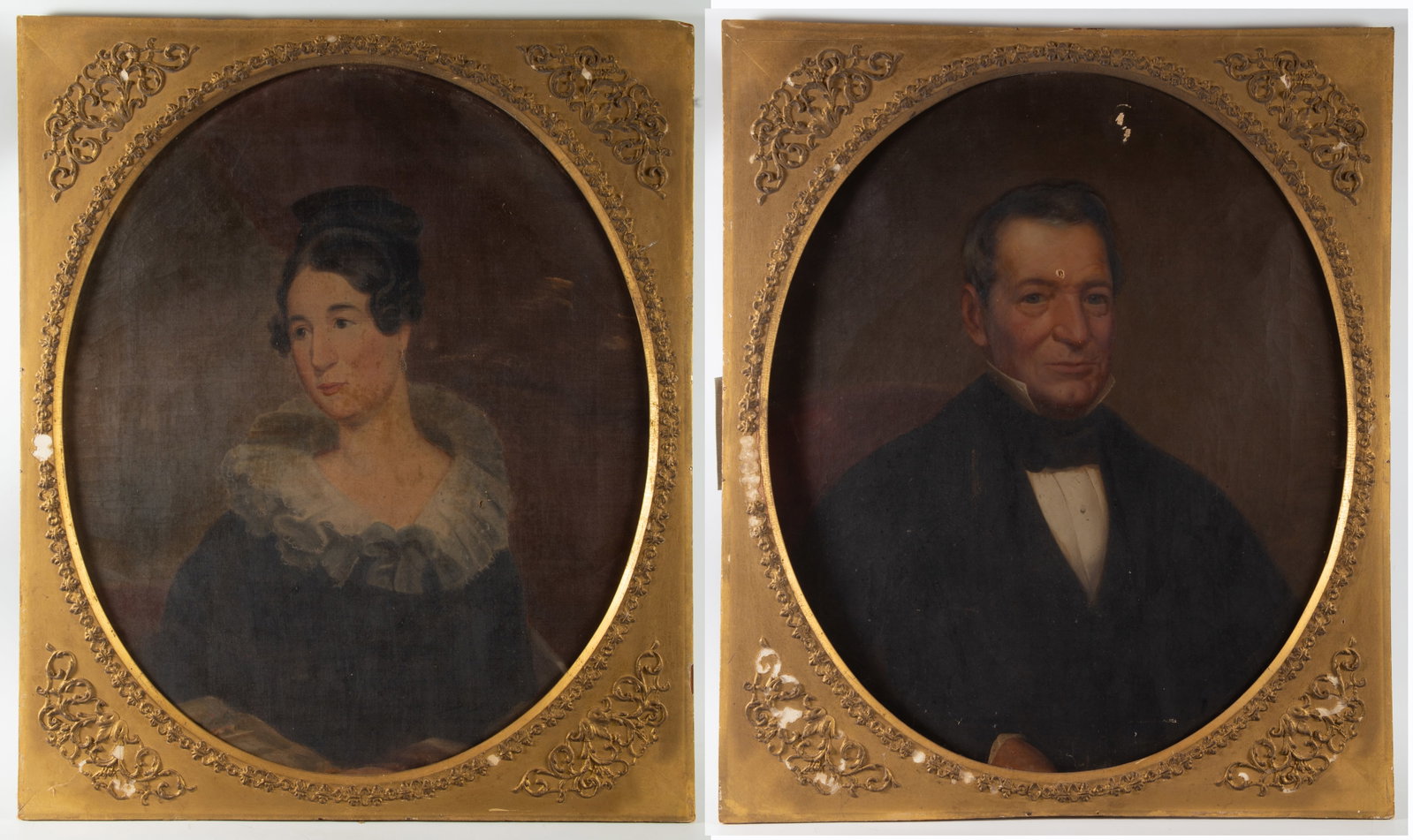 PAIR OF EARLY PORTRAIT PAINTINGS: Oil on canvas, unsigned - both lived in Connecticut, moved to Baltimore 1809 - (1) Prudence Prescott (wife of Abner Webb), several rubs; (1) Abner Webb, paint chips on forehead and top center, needs