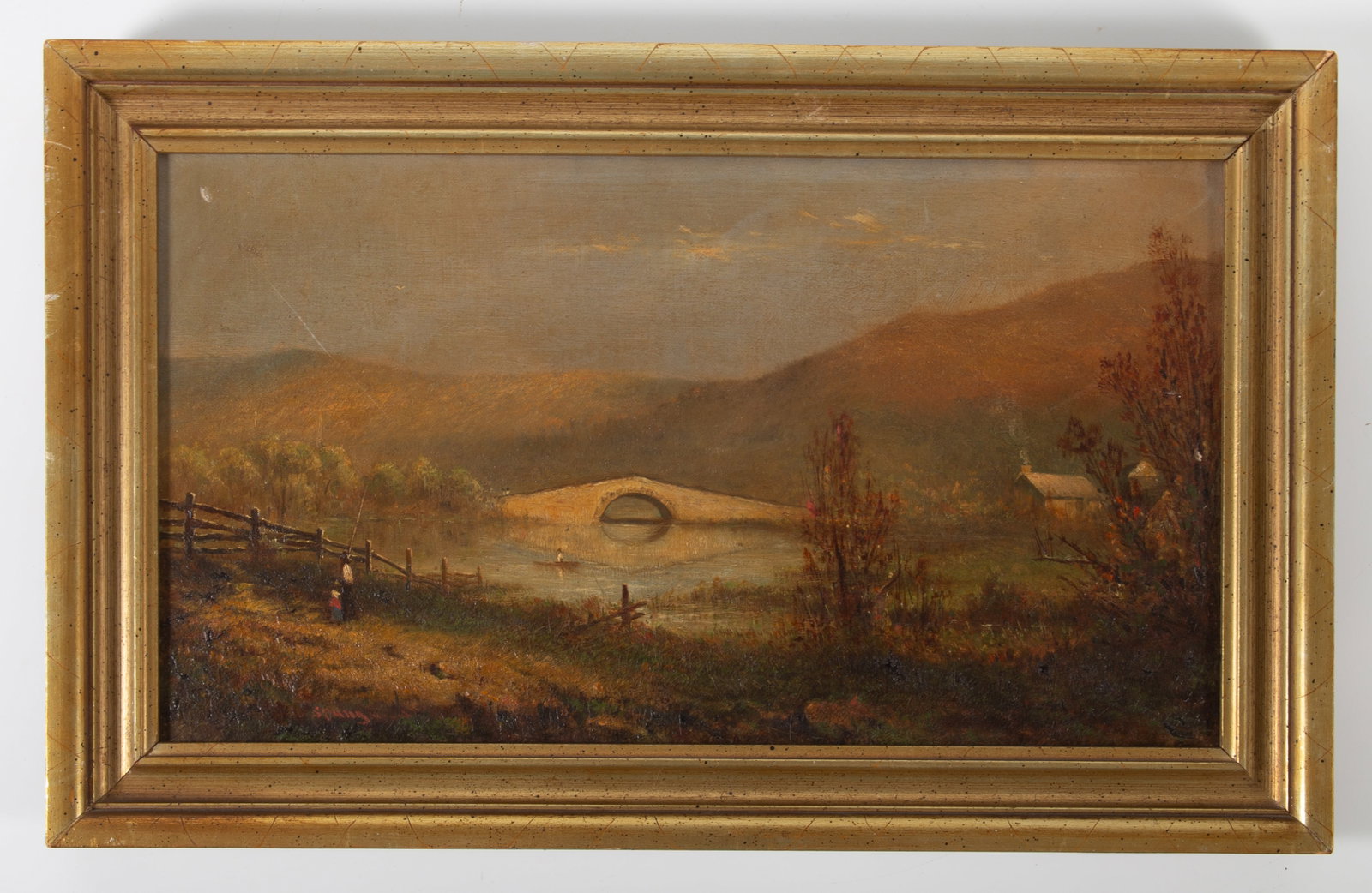 LANDSCAPE PAINTING: Small oil on canvas with river, bridge, figures, and village; signed Spung (?) lower left; image 9"x16" - frame 12 1/2"x18 1/2"; small flake right middle edge, needs cleaning, G-G+