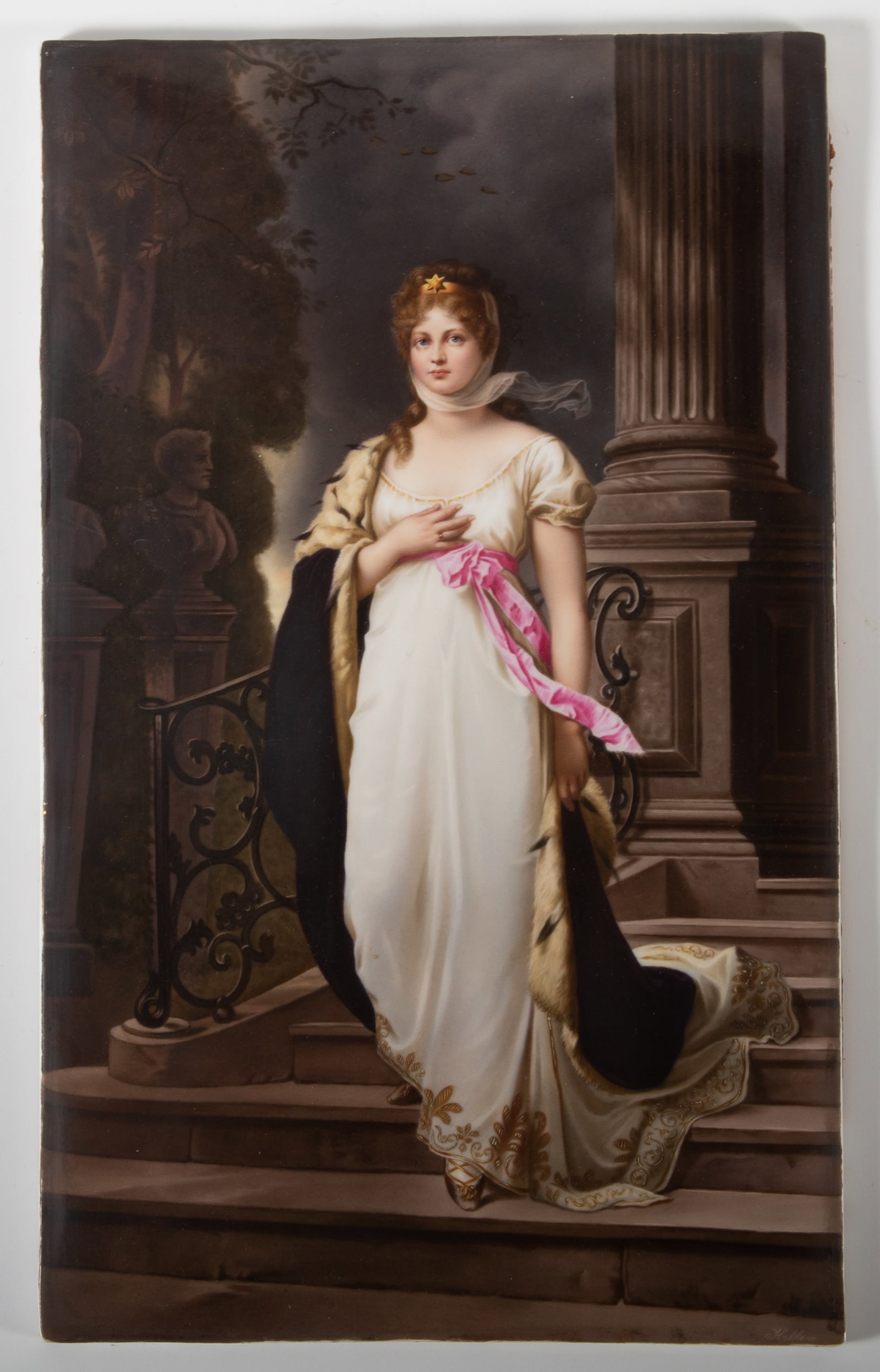 LARGE KPM PLAQUE: "Queen Louise of Prussia" - painted on porcelain, signed Keller lower right, lightly stamped on reverse with a scepter and KPM, frame has chips and losses, normal wear, VG