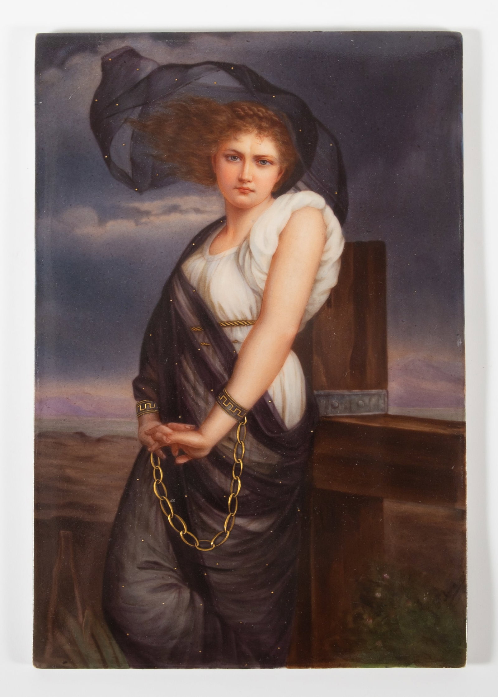 KPM PAINTED PLAQUE: "The Slave", signed illegibly lower right, painted on porcelain, stamped on reverse with a scepter and KP, gilt highlights, normal wear, VG