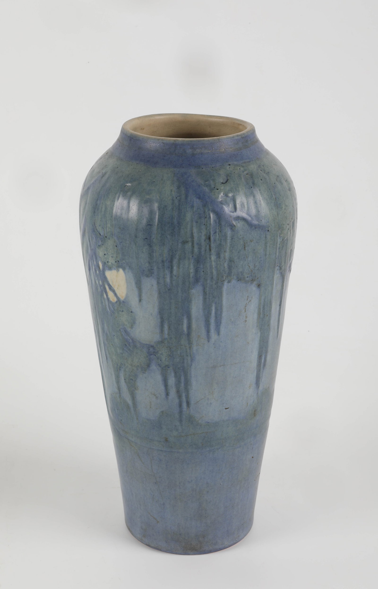 NEWCOMB POTTERY VASE: swamp scene; marked (OB44)(131); drilled for lamp; H-10 1/2", G-VG
