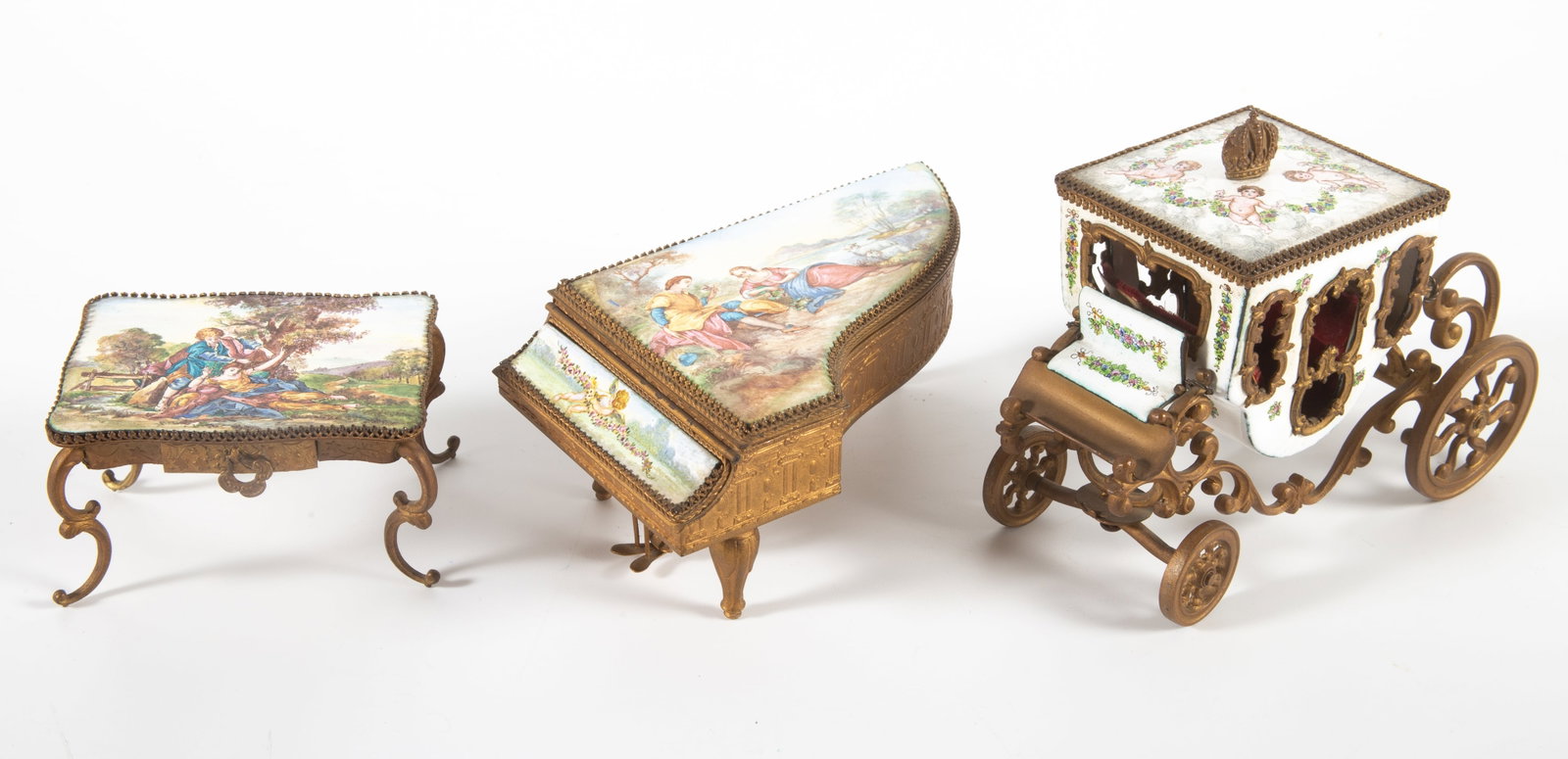 (3) MINIATURE ENAMELED FURNITURE: Includes a carriage, table, piano; patinated metal with intricately painted enamel inserts; longest 5 1/4", tallest 3 1/4"; normal wear, G-VG
