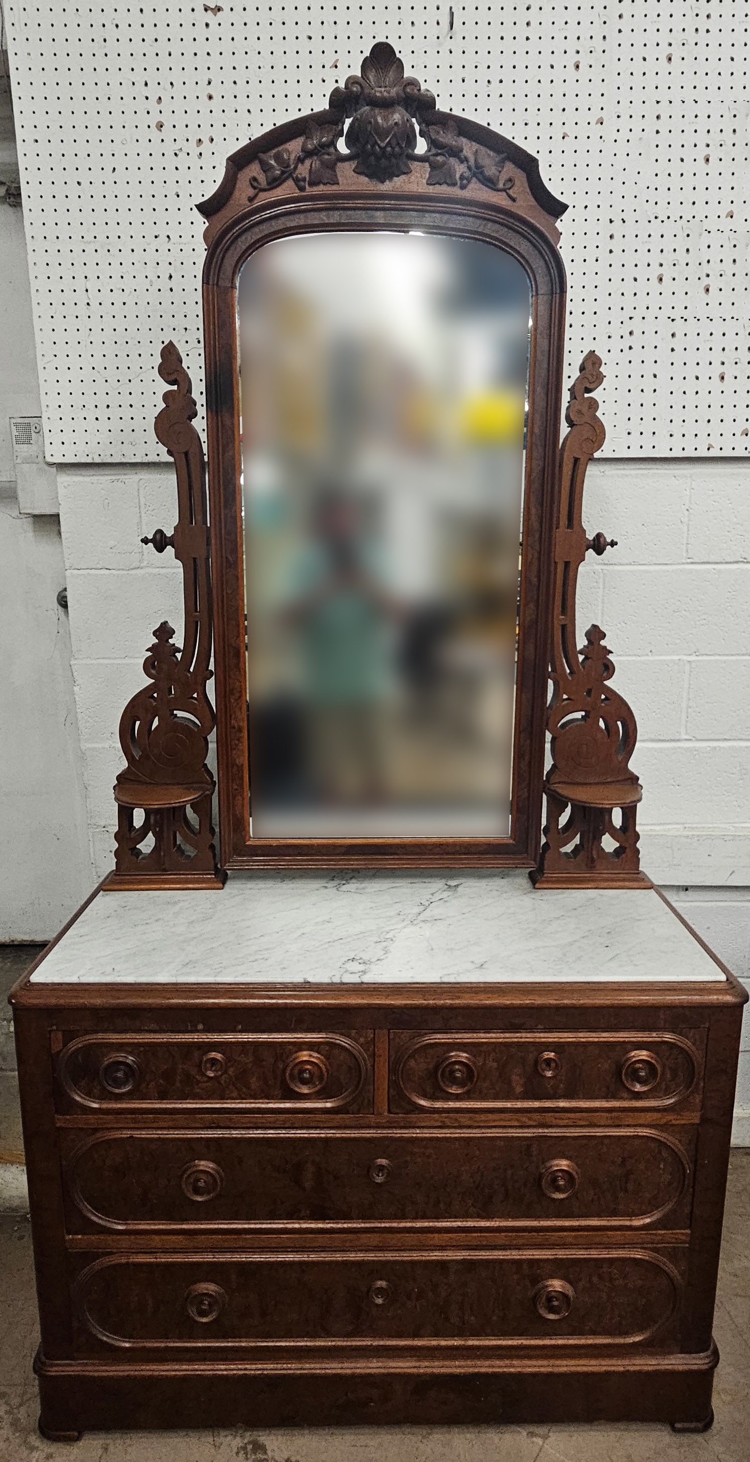 VICTORIAN MARBLE TOP DRESSER: Walnut, tall ornate cheval mirror, inset white marble, (4) burl fronted drawers, paneled ends, original finish, H-92"xW-46", receiver in right side mirror, normal wear, G-VG