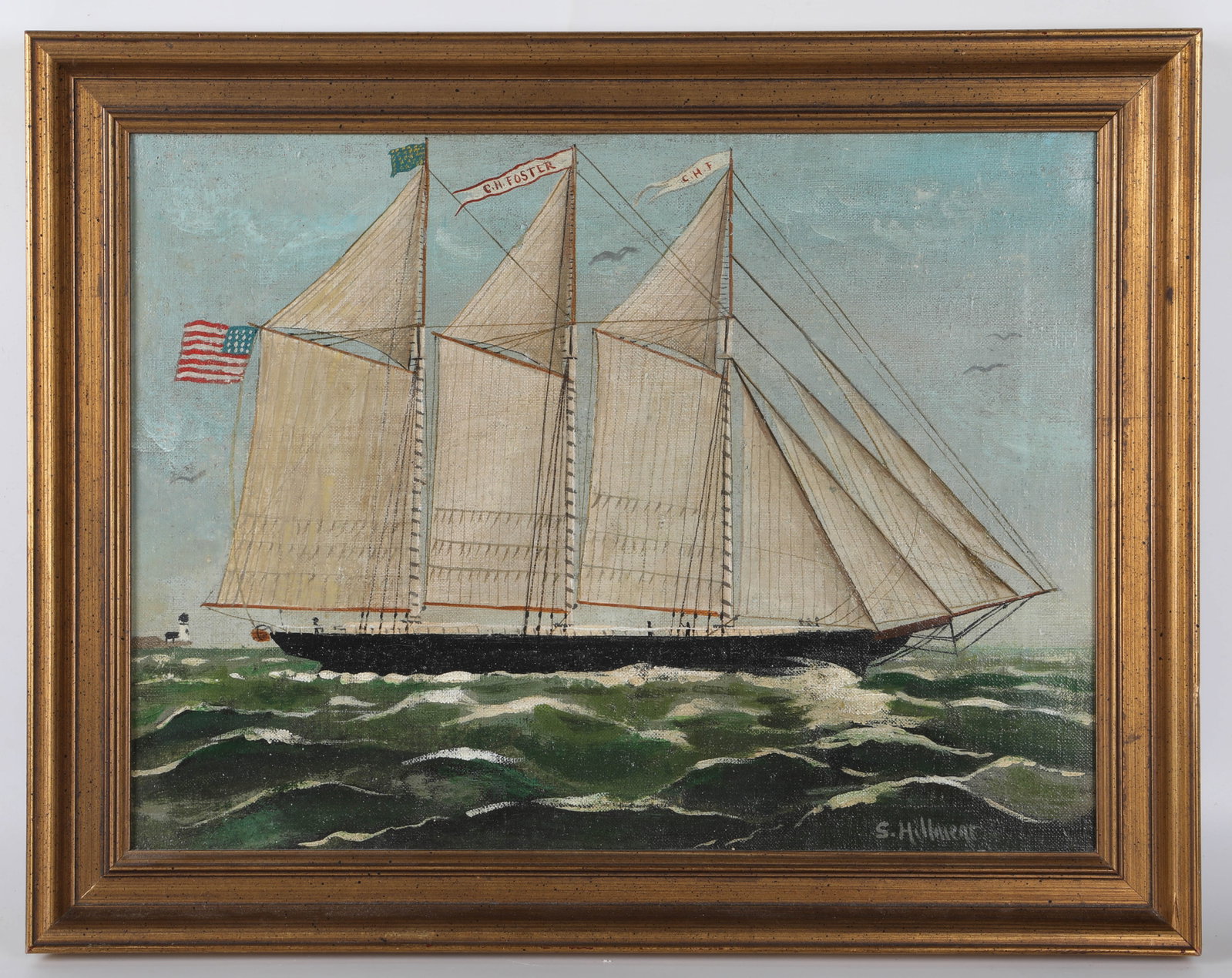 NAUTICAL PAINTING: Oil on canvas, signed lower right S. Hillmear (?), "C.H. Foster" pennant, framed 14 1/2"x18 1/2"; normal wear, G-G+