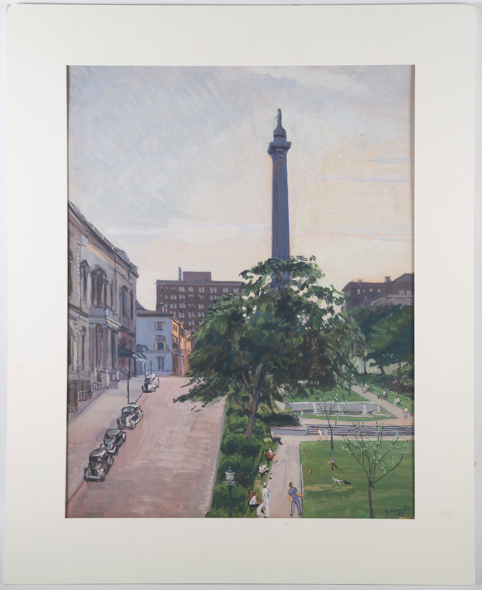 G. CAVAGLIERI BALTIMORE GOUACHE: Signed lower right (43), Baltimore Washington Monument, image 25"x19", slight edge chip lower right corner, normal wear, VG