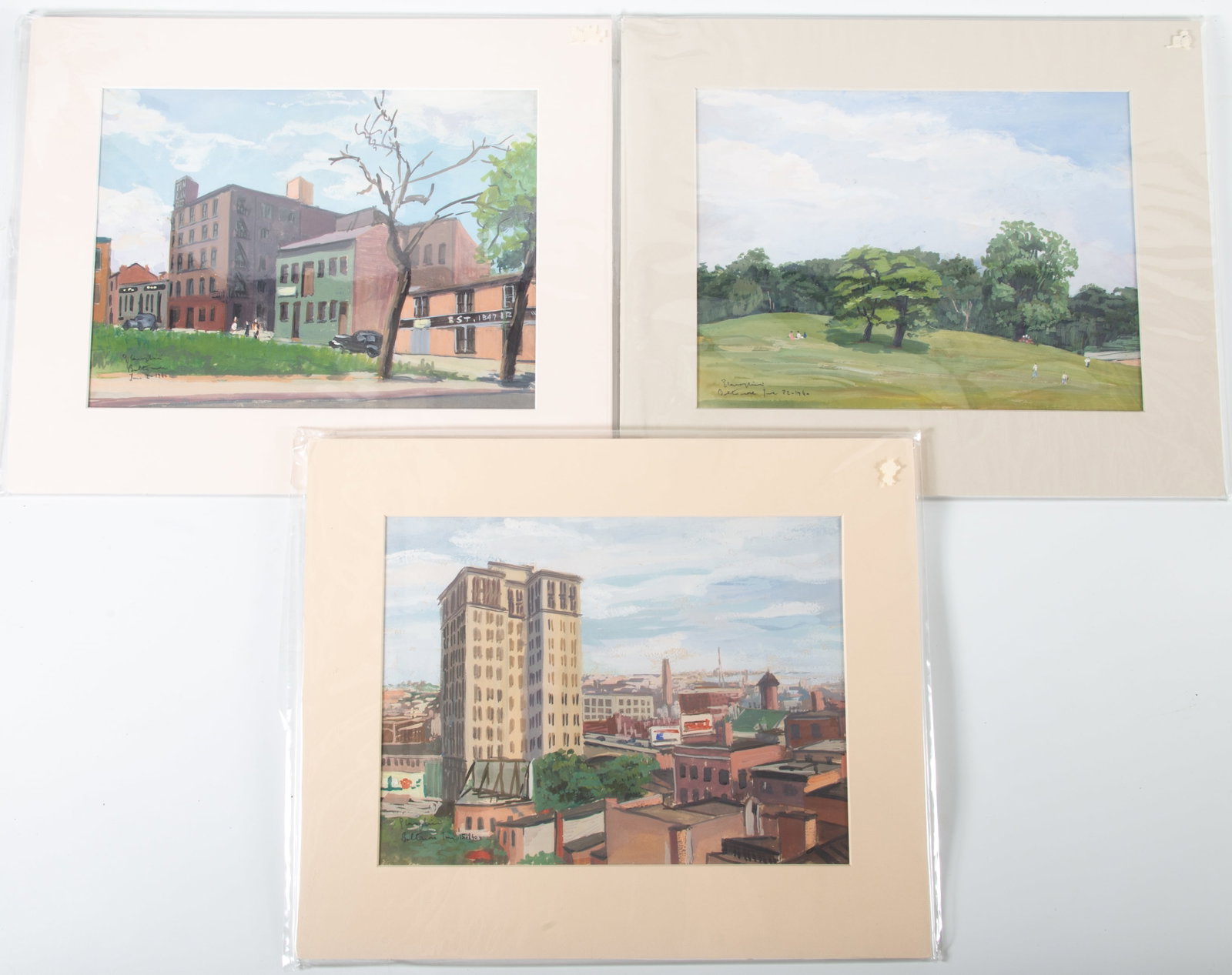 (3) G. CAVAGLIERI BALTIMORE GOUACHES: Baltimore scenes, signed lower left (1940), visual 9"x12", normal wear, VG-EX