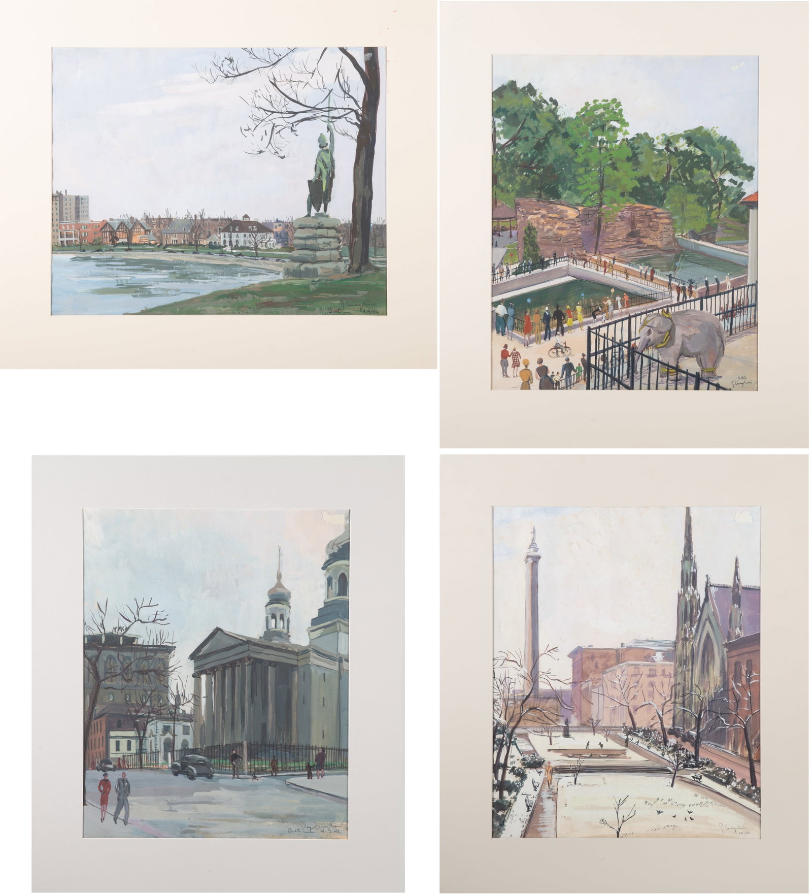(4) G. CAVAGLIERI BALTIMORE GOUACHES: Signed lower right - (3) 1942, (1) 1963, includes Mt. Vernon, zoo, etc. - Giorgio Cavaglieri, visuals 16"x13", normal wear, VG-EX