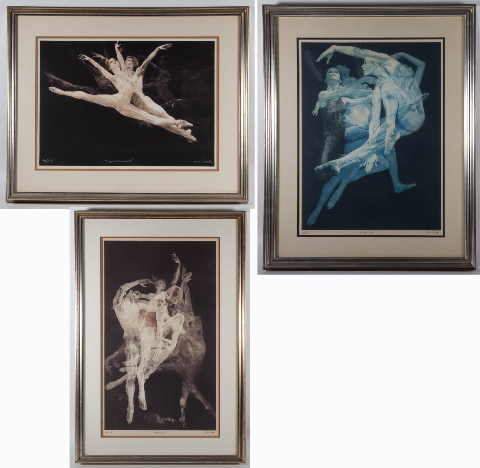 (3) G.H. ROTHE MEZZOTINTS: All signed and numbered - (1) "Spectrum" 116/200, framed 33"x26"; (1) "Experiment" 94/150, framed 23"x30"; (1) "Strength" 158/200, framed 36"x24"; normal wear, VG-EX