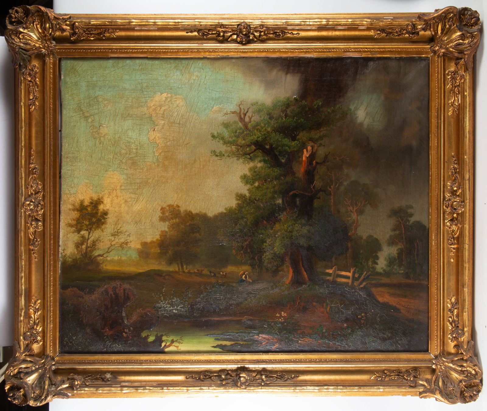 CONTINENTAL LANDSCAPE PAINTING: Signed illegibly lower right, possibly Dina Drumnier: oil on canvas, forest scene with stream, cows, figures, etc., image 28 1/2"x35 1/2" - gilt frame 36"x44", needs cleaning, has crazing, F-G