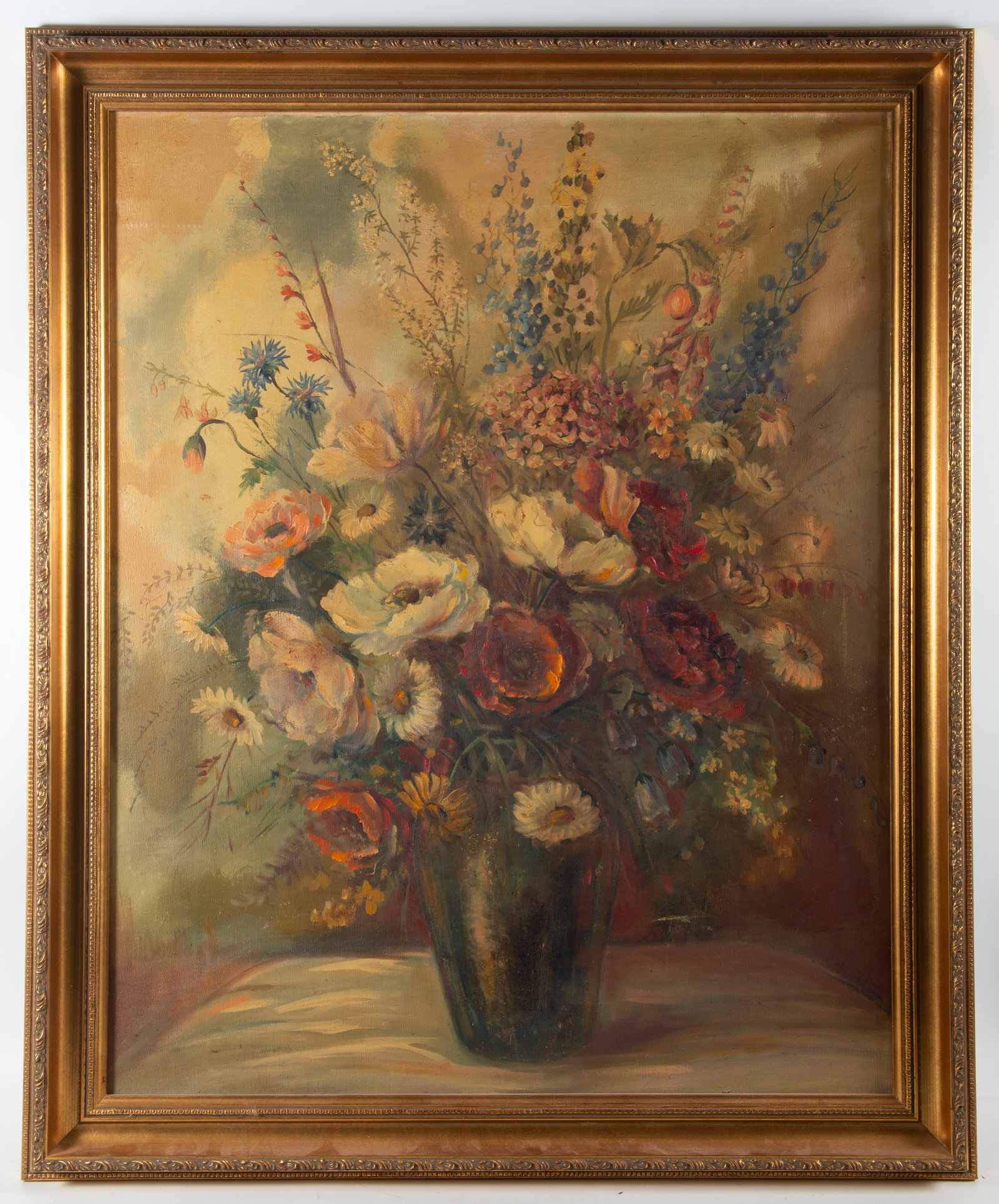 FLORAL STILL LIFE PAINTING: Oil on canvas, unsigned, image 31"X24" - frame 36"x30", needs cleaning and stretching, normal wear, G