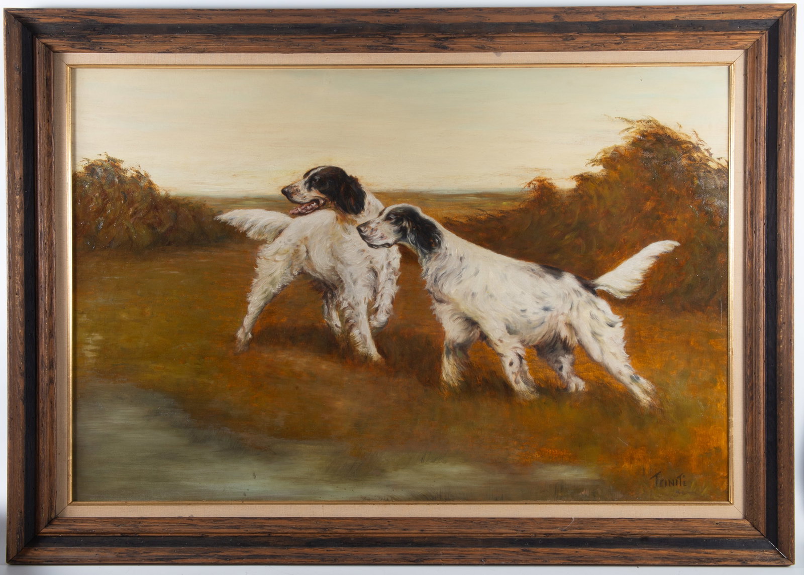 PAINTING OF SETTERS: Oil on Masonite, signed Trinite lower right, normal wear, G-VG