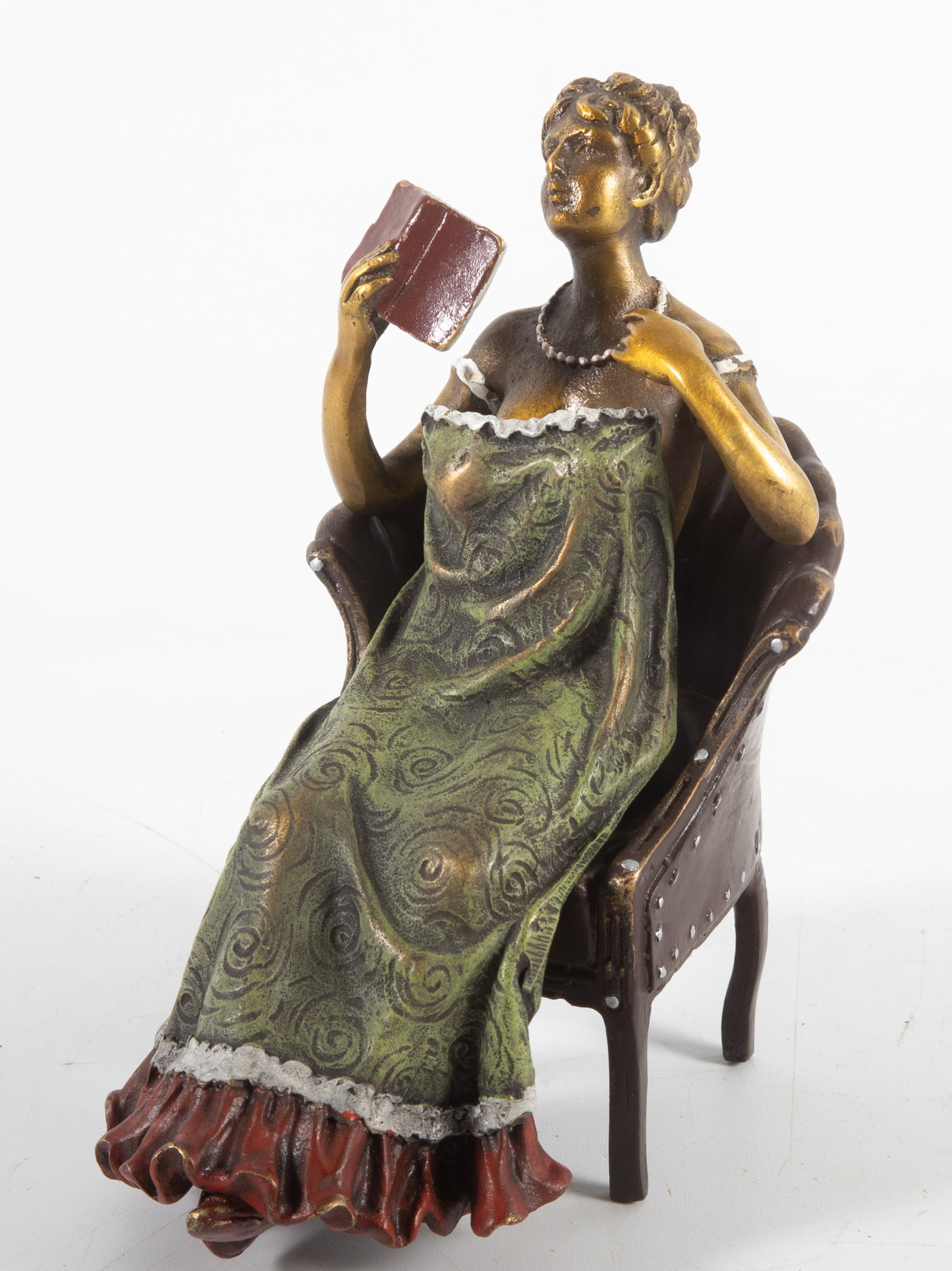 AUSTRIAN BRONZE NAUGHTY (3) PIECE: Nude woman sitting in chair with removeable dress, contemporary, signed "Nam Greb" and stamped with an "urn and b"; H-5", (1) leg bent, normal wear, VG+