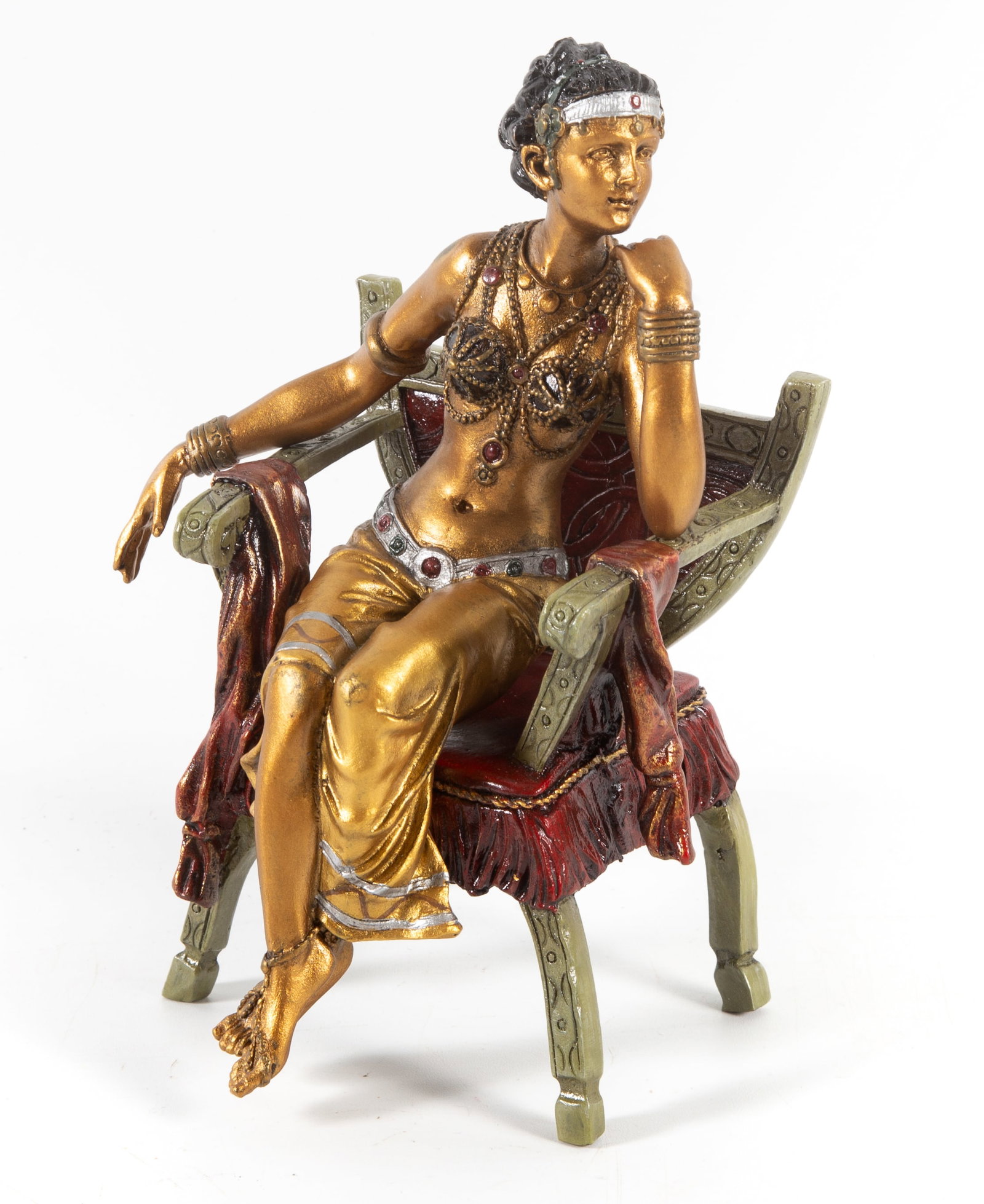 AUSTRIAN BRONZE SEATED WOMAN: (2) piece contemporary, woman seated in throne chair, signed "MANGZEB" and stamped "B.A.", H-6 1/2", normal wear, VG-EX