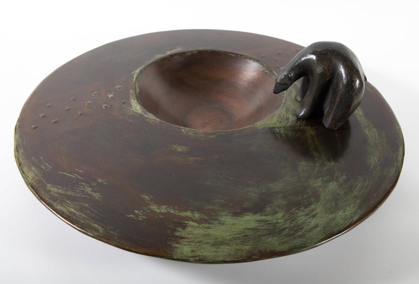 POLAR BEAR/CRAFTS BOWL: Bronze polar bear signed "McLean 1993-12/20"; possibly assembled on large crafted copper platform bowl; normal wear, VG