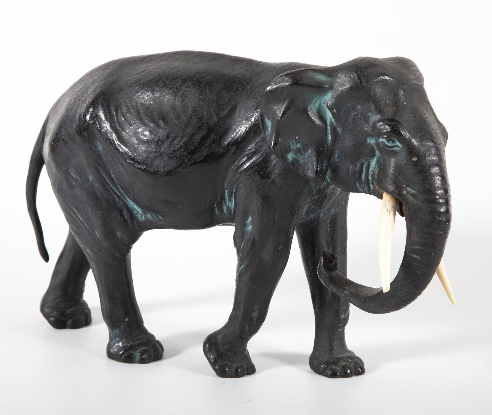AUSTRIAN BRONZE ELEPHANT: Cast bronze, stamped on belly, L-9", small chip on tusk tip, normal wear, VG