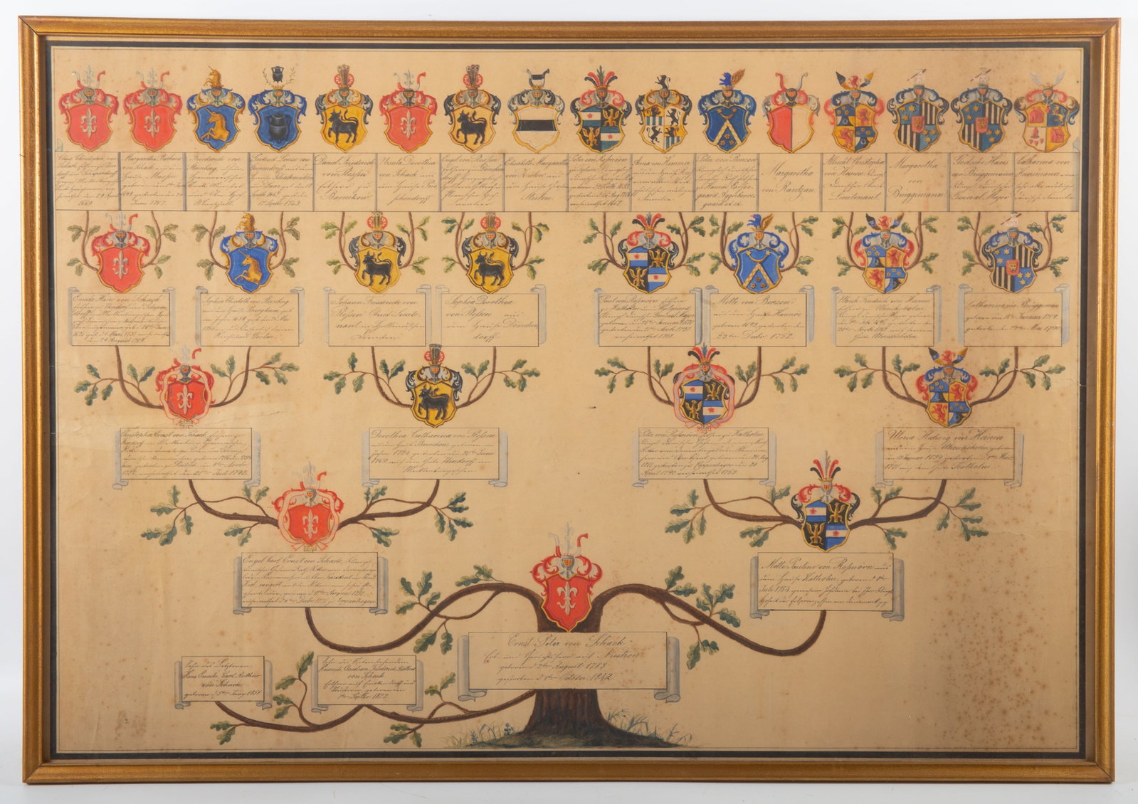 EARLY FAMILY TREE: Hand colored tree with coats of arms, early 1700s, framed 21"x30", some toning and fazing, several creases, closed tear middle left, F-G