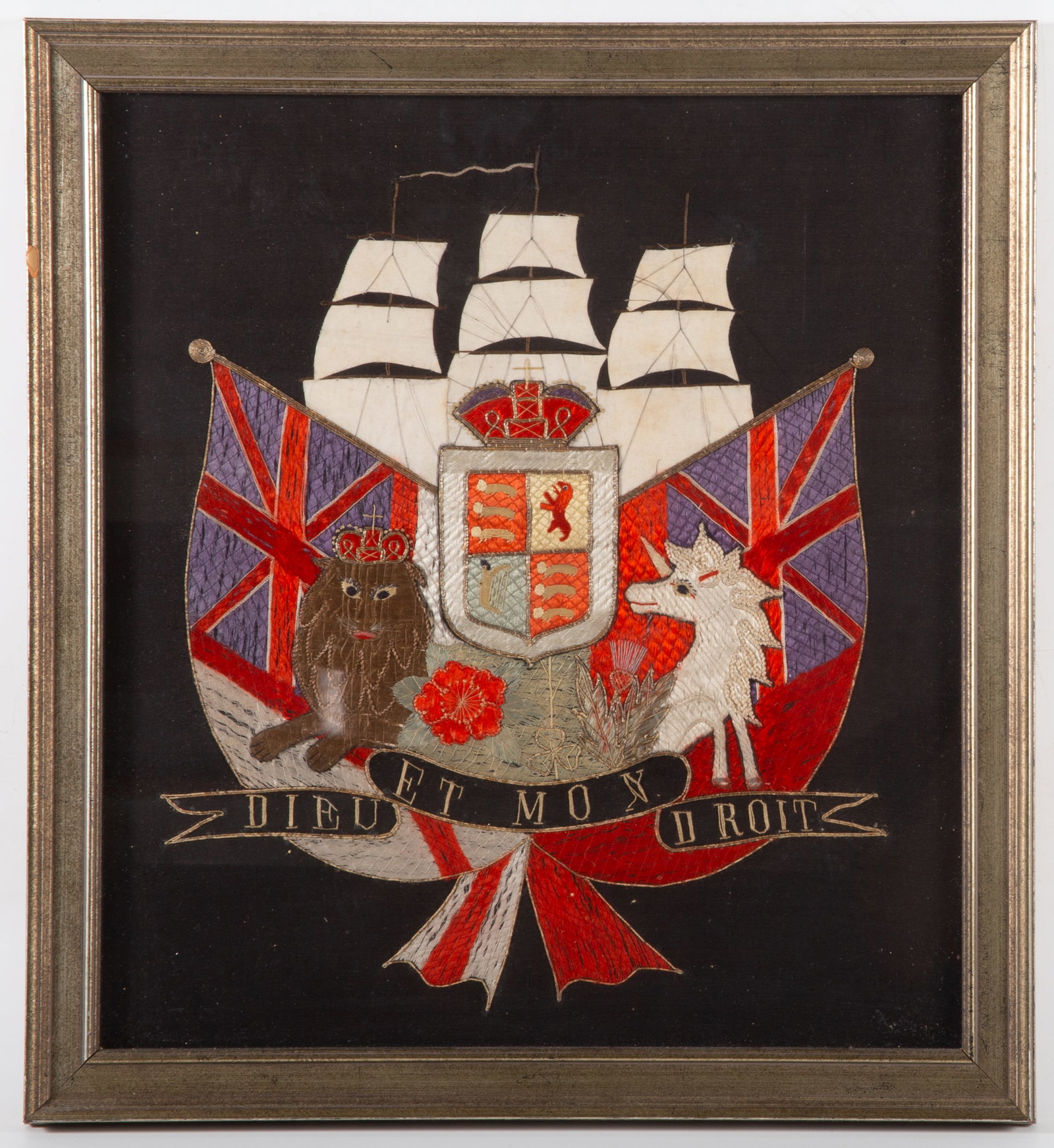 ENGLISH COAT OF ARMS: "Diell et Mon Droit" - stitchwork - ship, unicorn, lion in shield form, frame 18"x17", wear, F-G