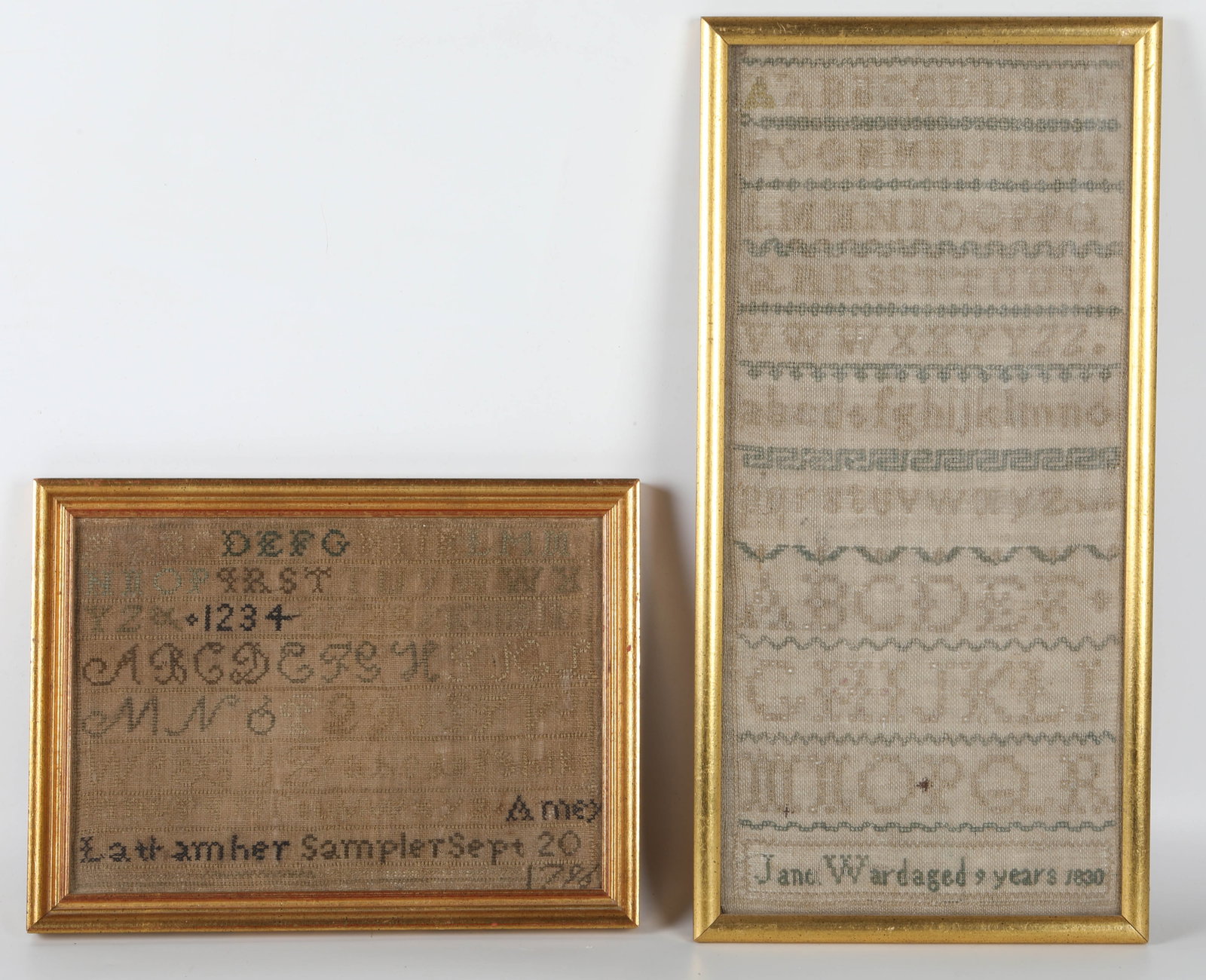 (2) SAMPLERS: (1) 1796(?) "Amey Lathamher", alphabet and numbers, dark frame 9"x12", F-G; (1) 1830 "Jane Wardaged Alphabet", 18"x9", slight toning, G-VG, both normal wear