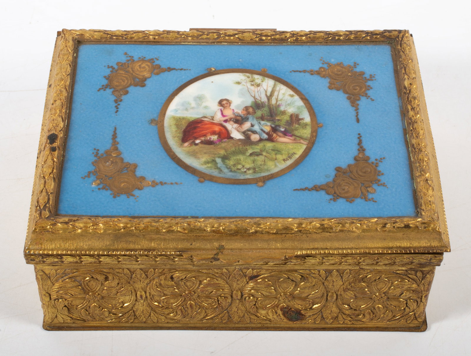 GILT METAL PORCELAIN BOX: Pastoral scene; 6 1/2" x 5", 2 1/2" high, G
