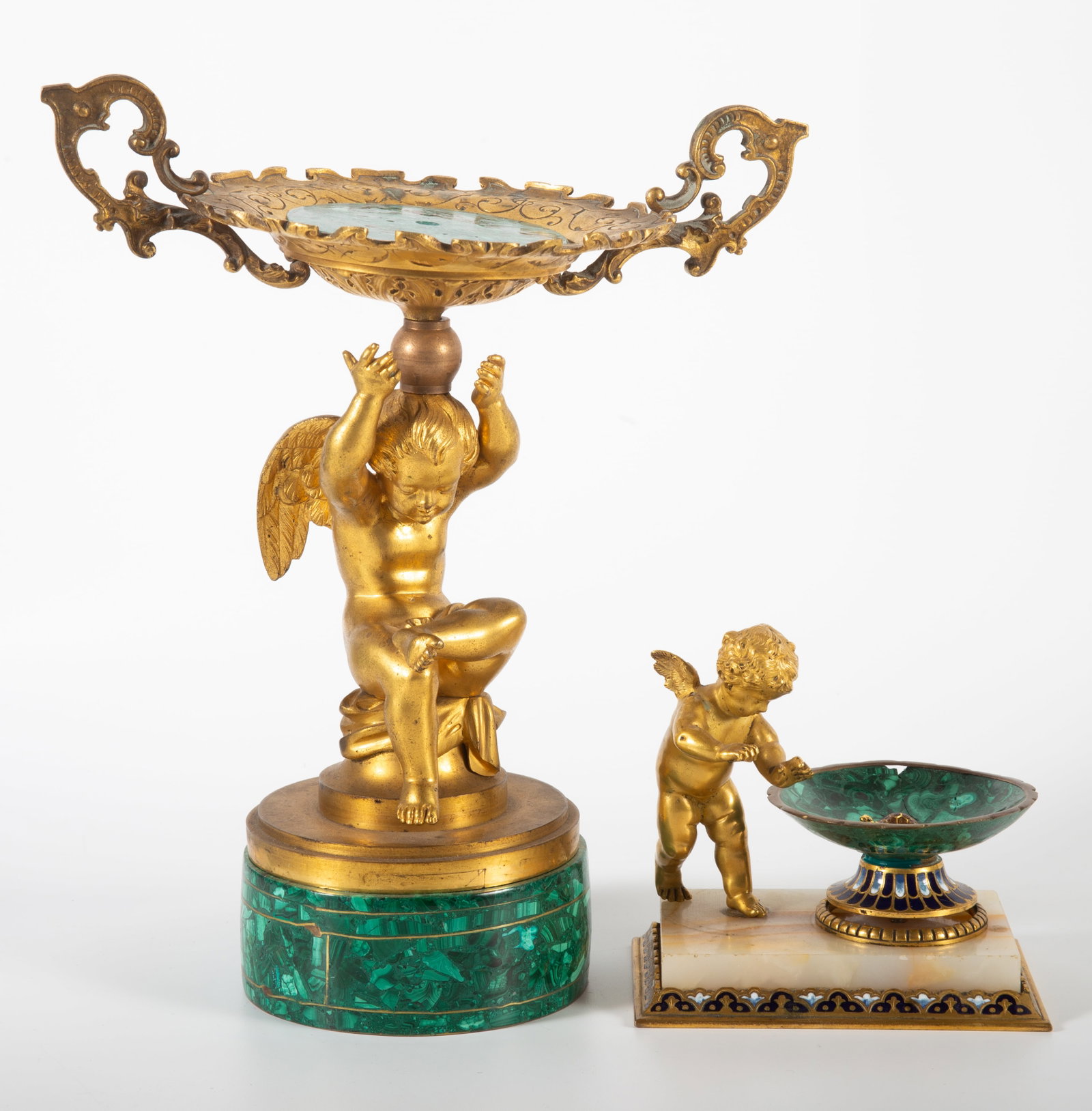 BRONZE PUTTI COMPOTE / DISH (2) PCS.: (1) gilt bronze compote with figural column; (1) gilt bronze dish with enameled base