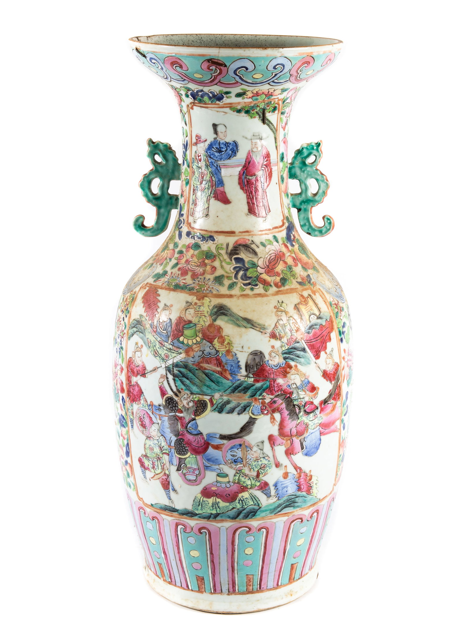 ANTIQUE CHINESE PORCELAIN VASE: Famille rose decoration; restored; H-24", P