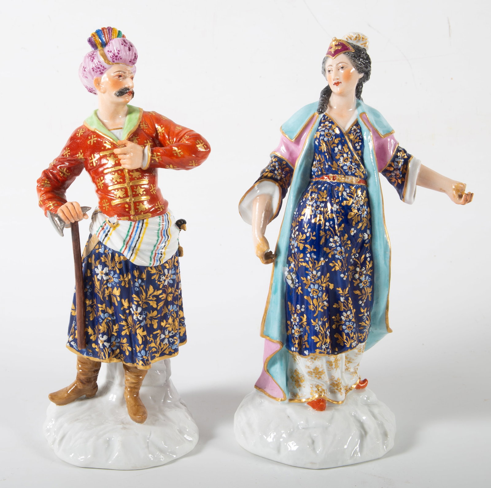 (2) MEISSEN PORCELAIN FIGURES: Hand-painted man and woman, crossed sword marks, woman missing fingers on both hands, normal wear, G-G+