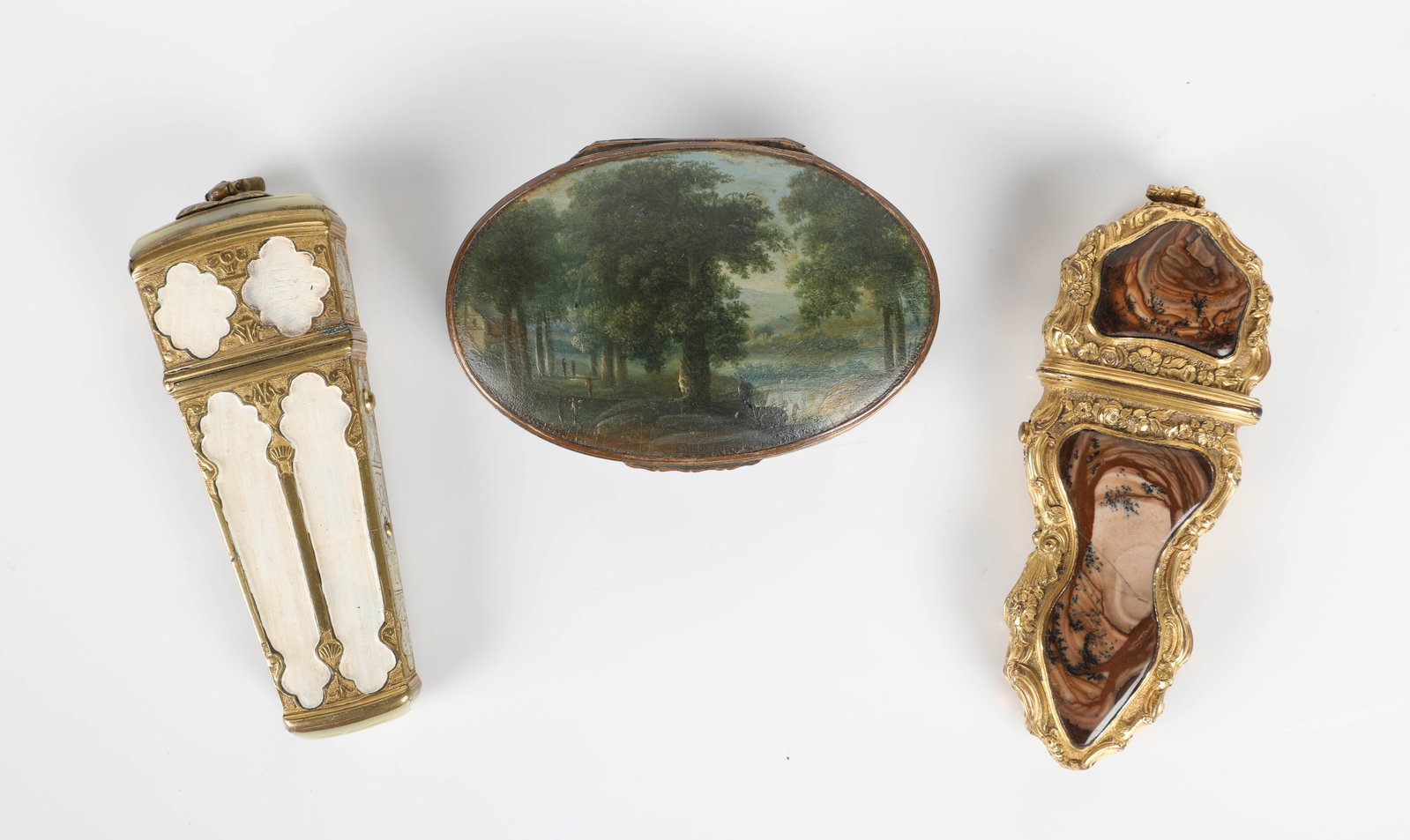 (3) OBJET DE VERTU: (1) sewing case: moss agate inset panels, no fitted interior, G; (1) sewing case: mother of pearl and later painted panels where mother of pearl is missing, fitted interior, G; (1) snuff box: painted