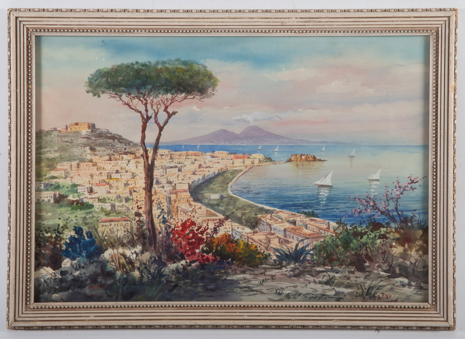 PAGANO LANDSCAPE WATERCOLOR: Italian; landscape coastal watercolor with volcano; signed N. Pagano lower right; image 12"x18" - frame 15"x20"; normal wear, G-VG