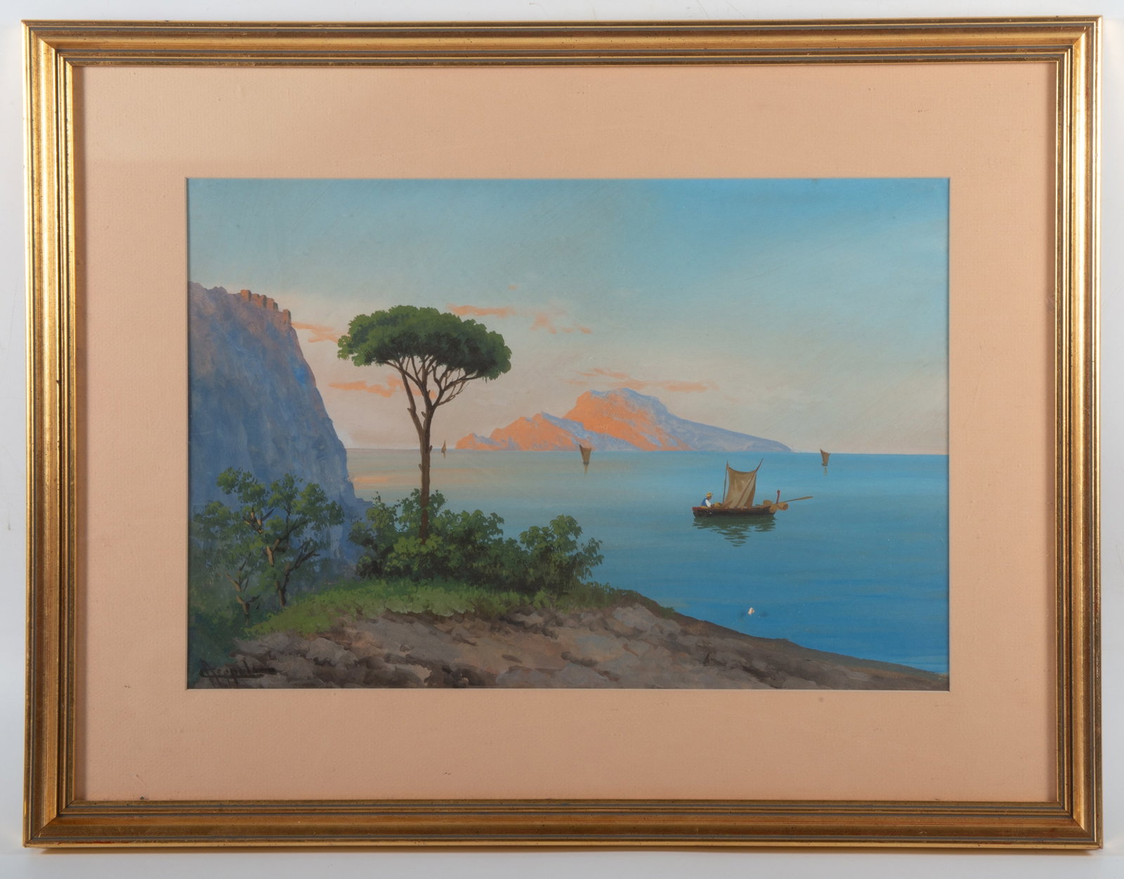 GOUACHE OF CAPRI: Mixed media; signed illegibly lower left; image 12 1/2"x18 1/2" - matted frame 20"x25"; normal wear, VG-EX