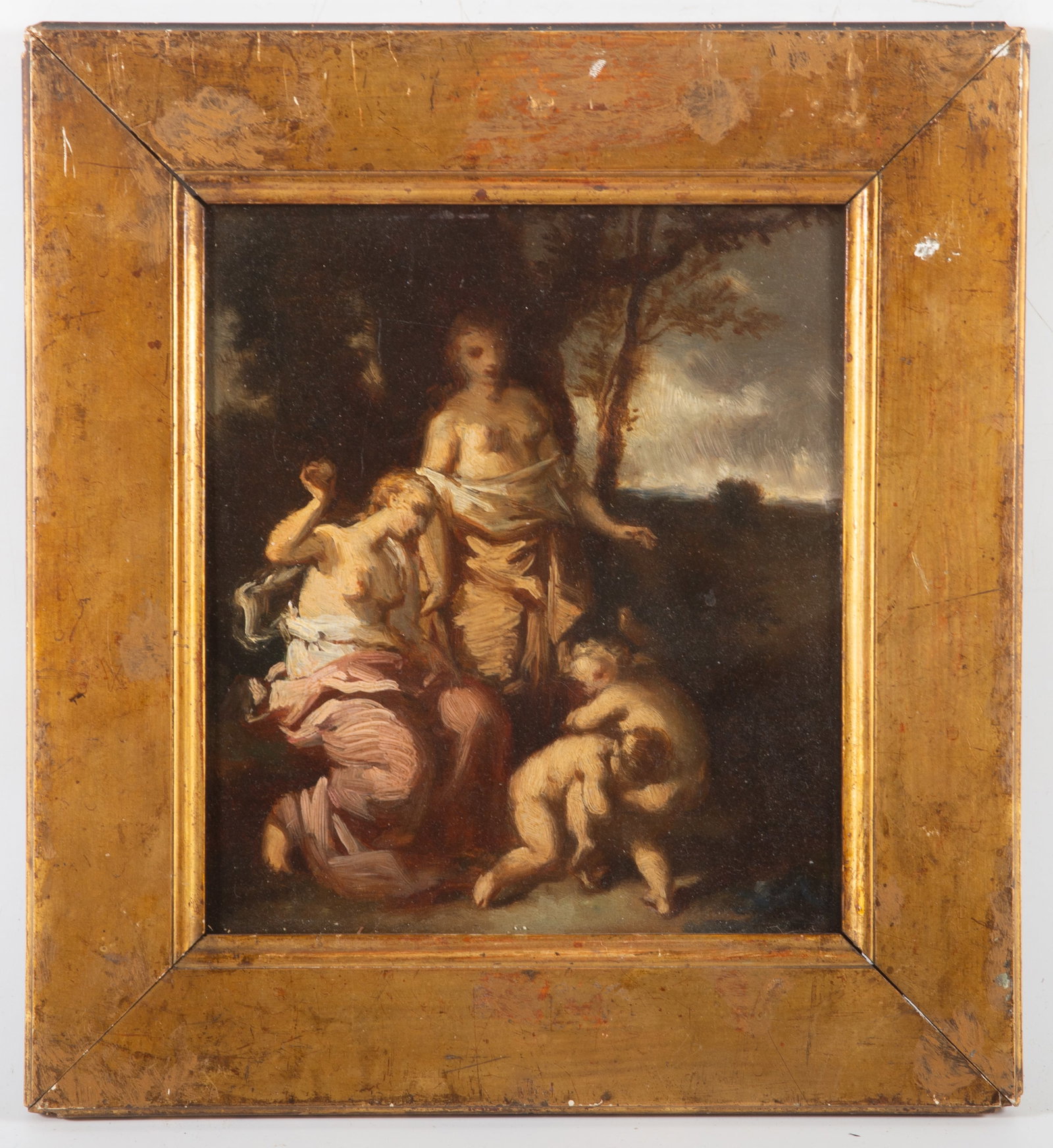 OLD MASTERS STYLE PAINTING: Oil on wood panel; unsigned; back of panel marked N. Diaz - possibly attribution or style of; image 8 1/2"x7 1/2" - frame 12 1/2"x11 1/2"; normal wear, needs cleaning, G=G+