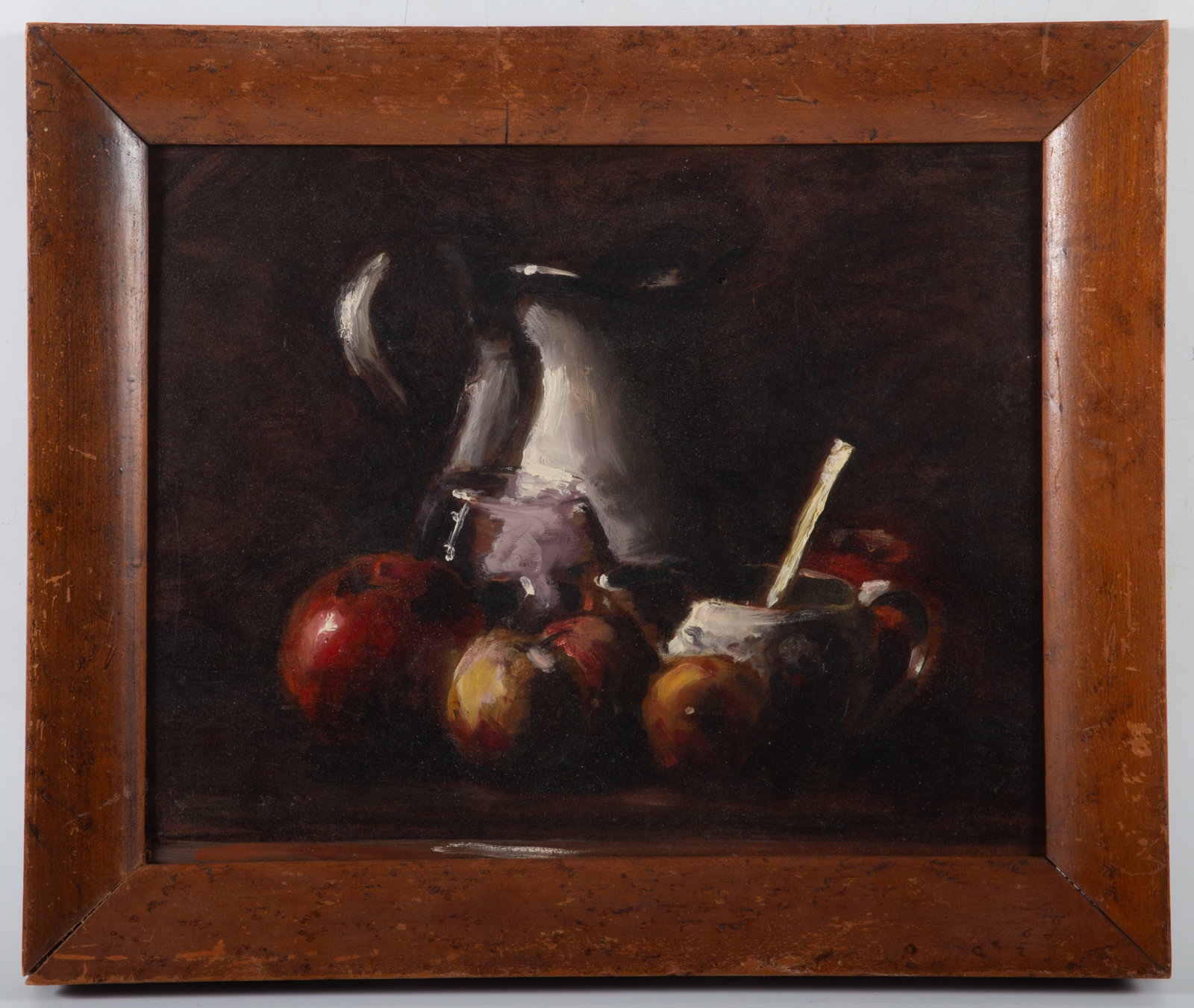 IMPRESSIONISTIC STILL LIFE PAINTING: Oil on panel; unsigned; pitcher, fruit, etc.; image 11"x13" - bird's eye frame 14"x17"; normal wear, needs cleaning, G-G+
