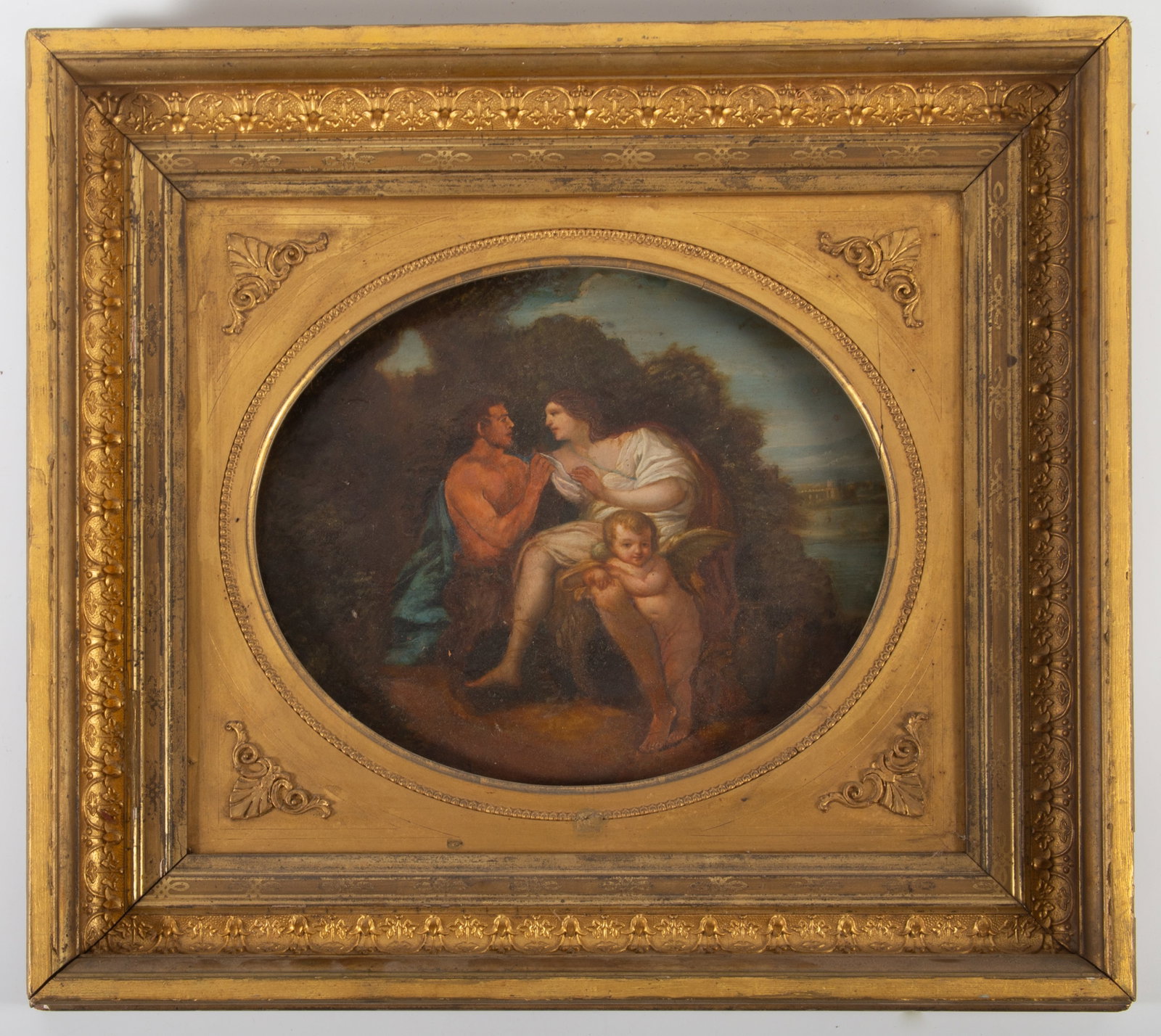 CONTINENTAL CLASSICAL PAINTING: Oil on copper; oval painting of woman, satyr, and cherub; image 10 1/2"x13" - gilt frame 17"x19"; some overpaint and wear, F-G