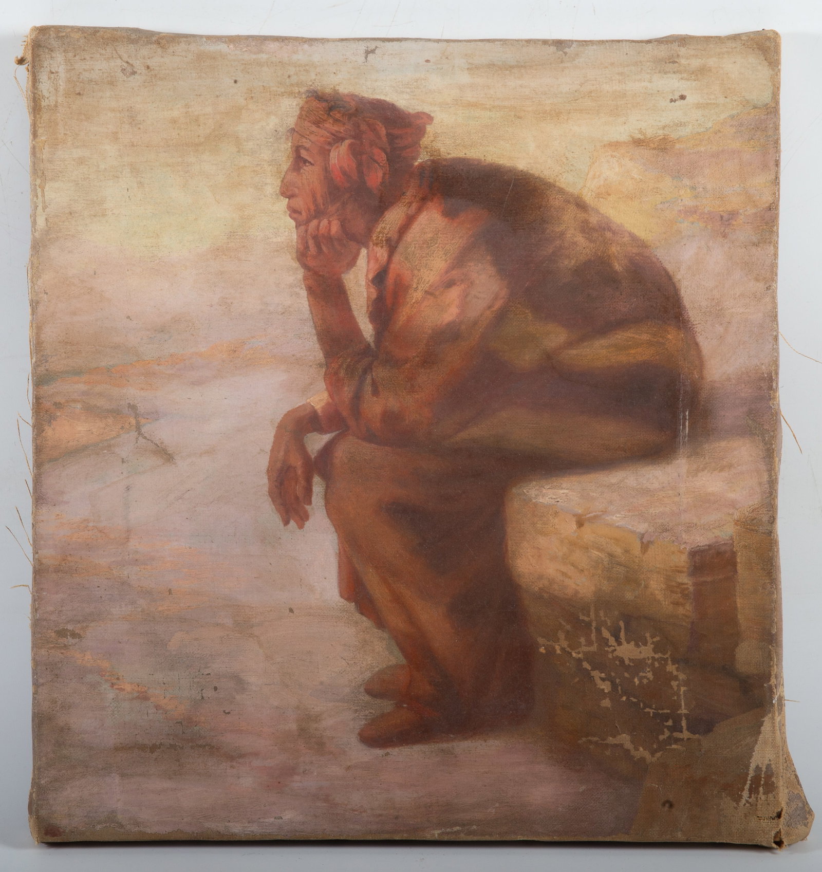 PORTRAIT OF MAN CONTEMPLATING: Oil on canvas; unsigned; appears to be a seated tribal figure; image 15"x14" - unframed; some flaking and wear, P-F