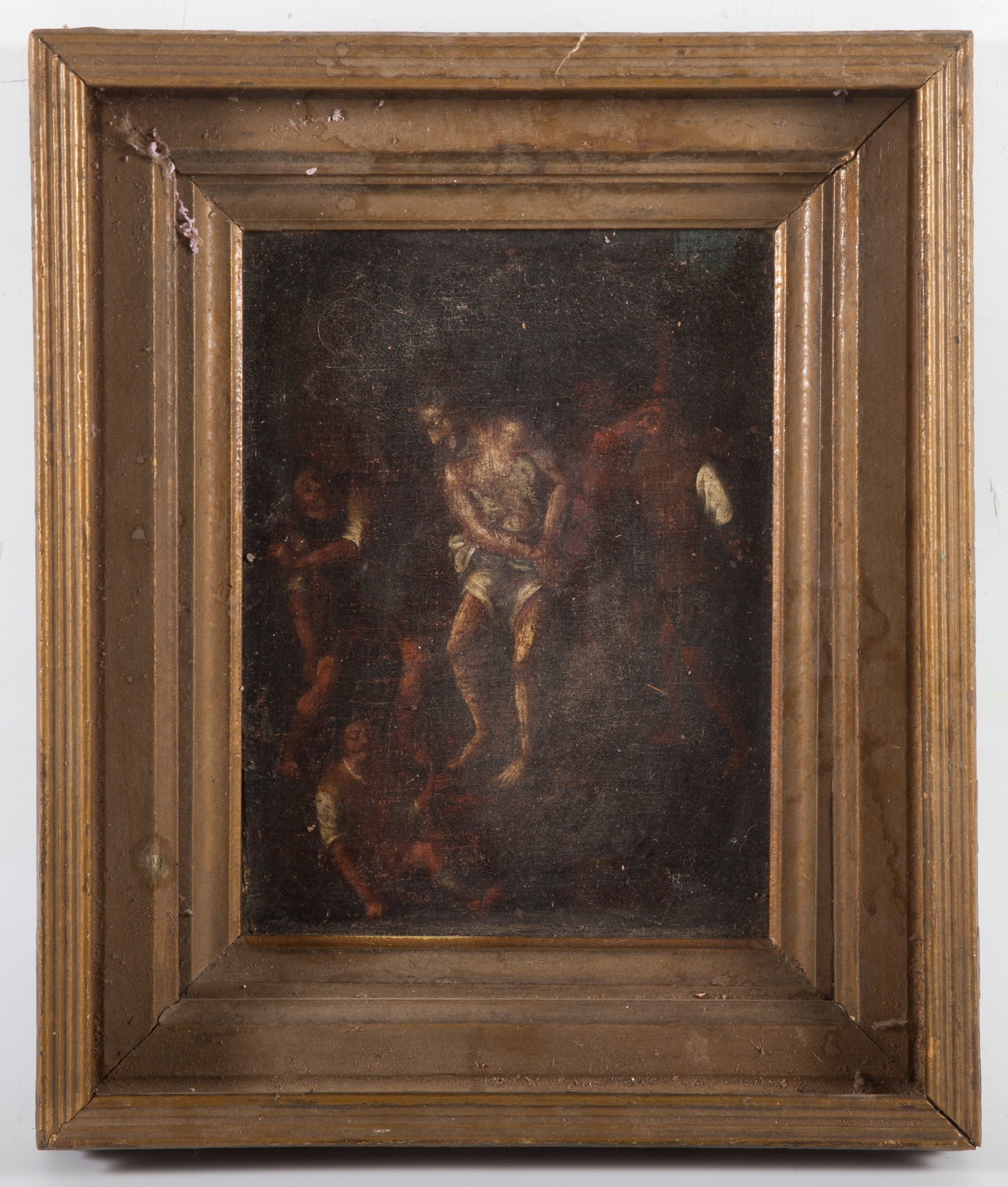 OLD MASTERS STYLE PAINTING: Jesus and following - oil on canvas; re-lined; unsigned; image 10"x8" - frame 16"x13"; flaking, some loss, needs cleaning, P-F