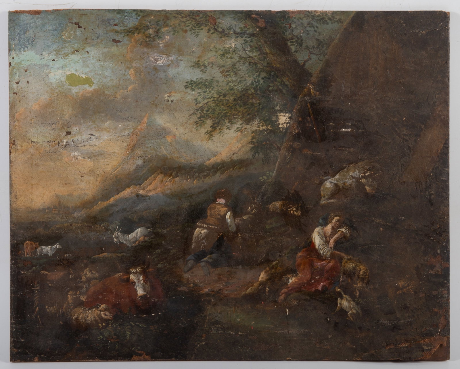 CONTINENTAL LANDSCAPE PAINTING: Oil on canvas laid on board, unsigned, shepherds with goats, sheep, and cattle, 15"x19"; some flaking and bottom loss, needs cleaning, P-F