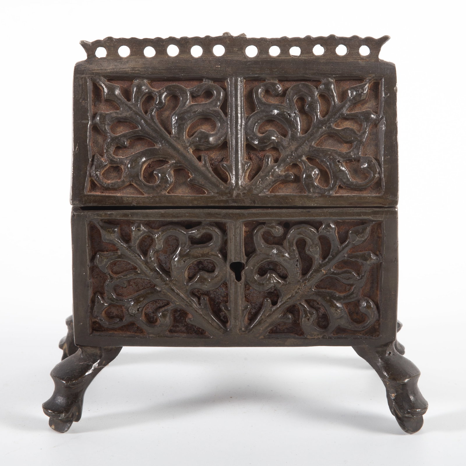 MINIATURE CASSONE: Small antique cast metal footed cassone; hinged roof-style lid; footed; H-6"xL-5 1/2"; wear, G-G+