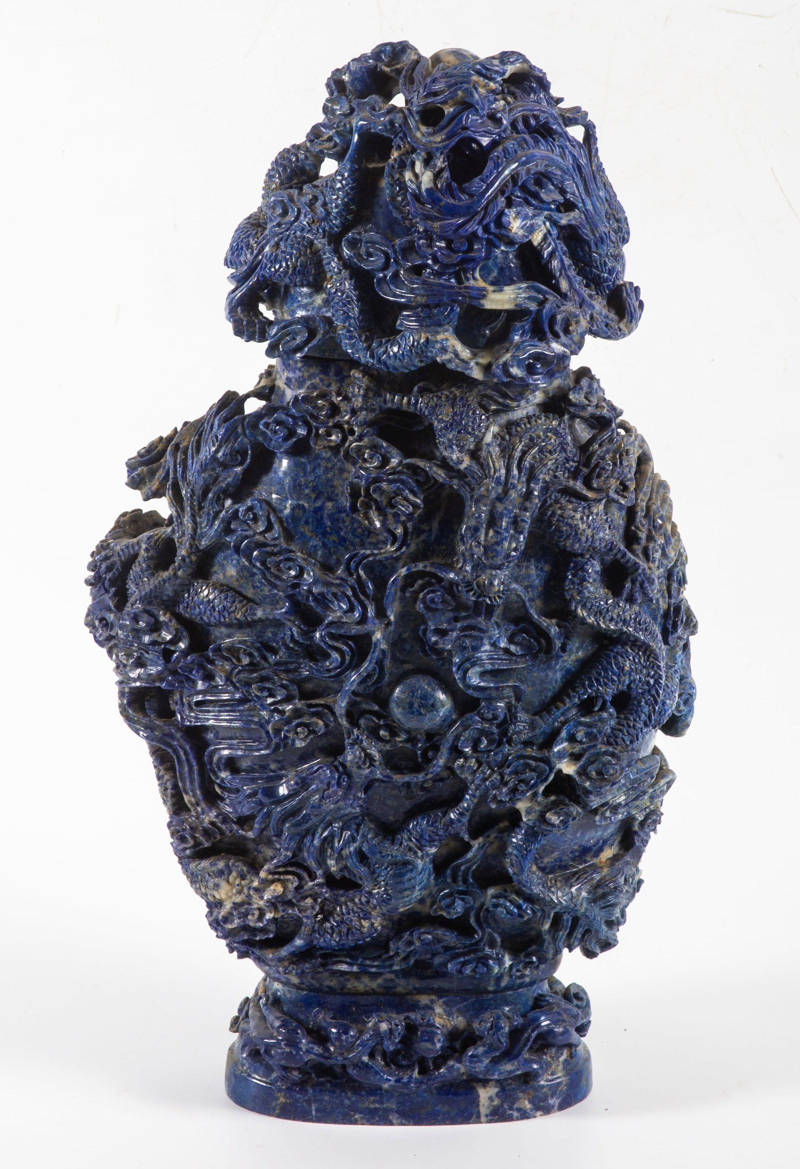 ASIAN INSPIRED LAPIS JAR: Lidded; intricately carved with dragons, clouds, trees, etc.; H-14 1/2"; normal wear, G