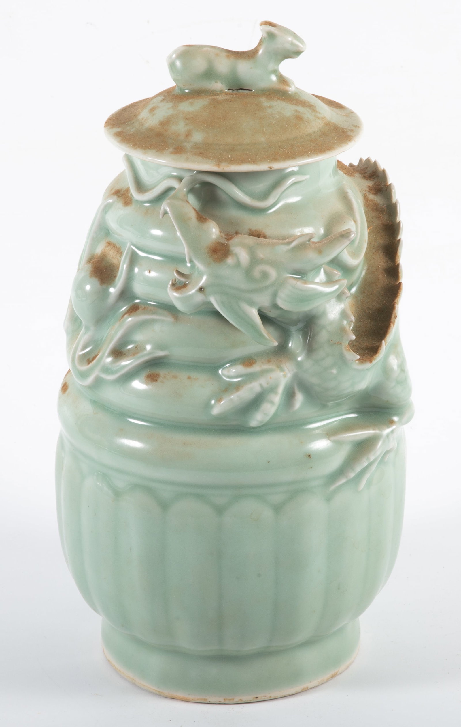 CELADON COVERED JAR: Animal finial; banded with dragon; H-10"; wear, G