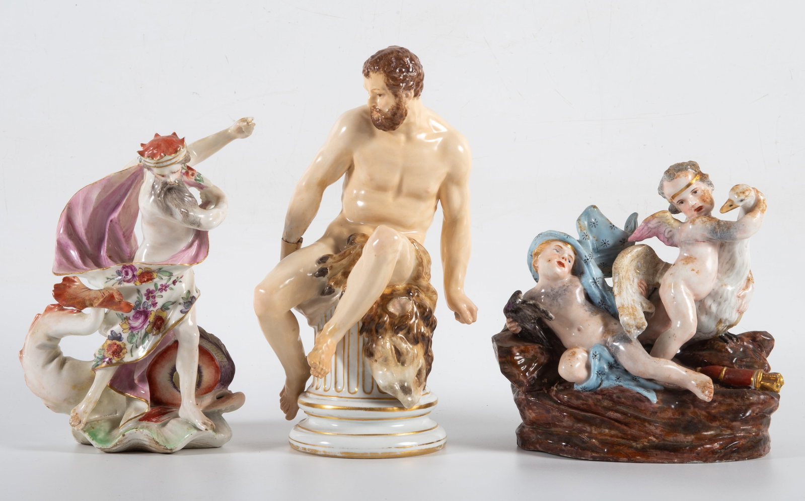 (3) CONTINENTAL PORCELAIN FIGURES: All classical, all have damage and repairs - KPM, Capodimonte, etc.; H 6"-9", P-F