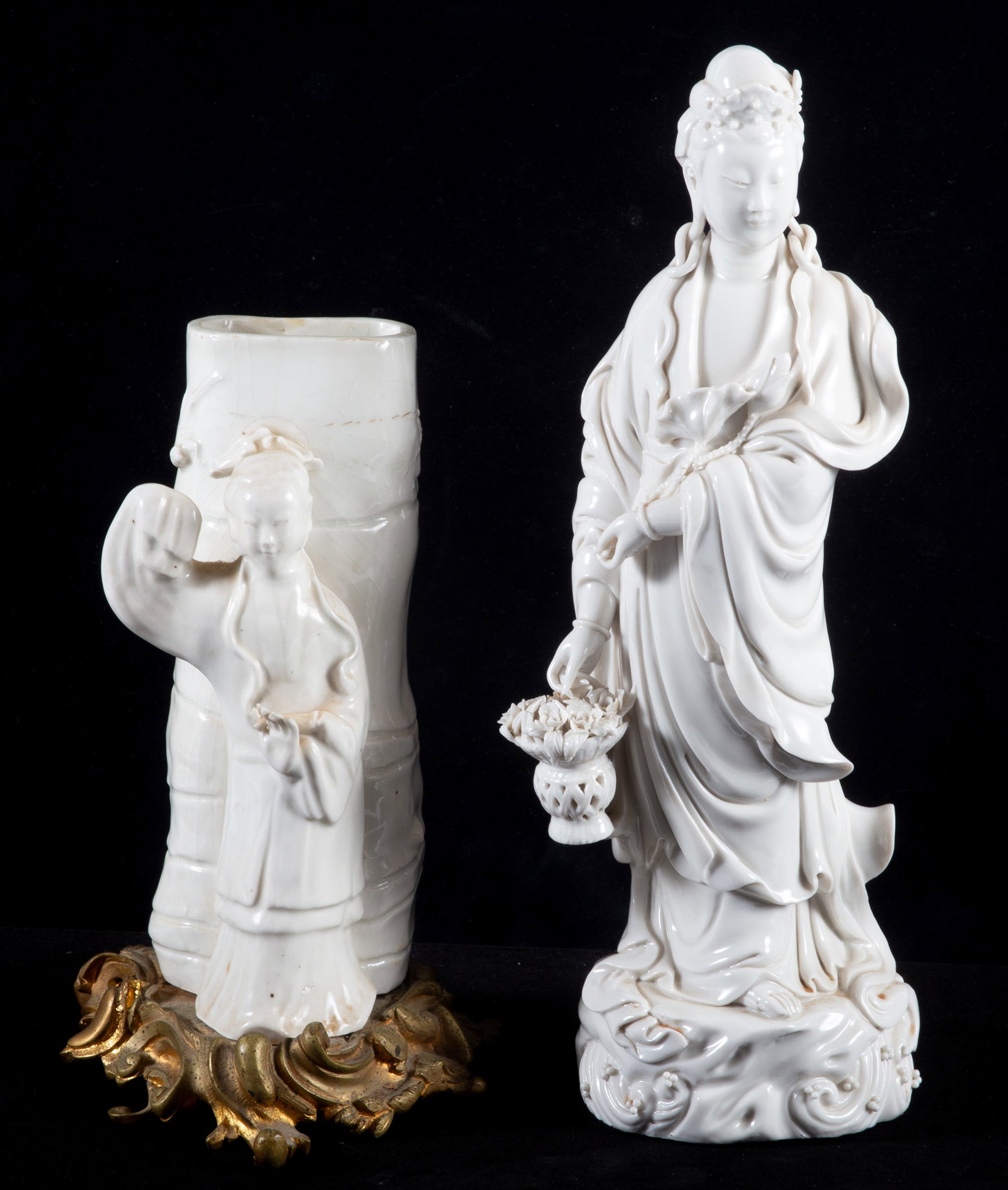 (2) BLANC DE CHINE FIGURES: Ceramic and porcelain - (1) vase with ormolu base; (1) tall figure of robed woman; H 9"-12"; normal wear, minor losses, G