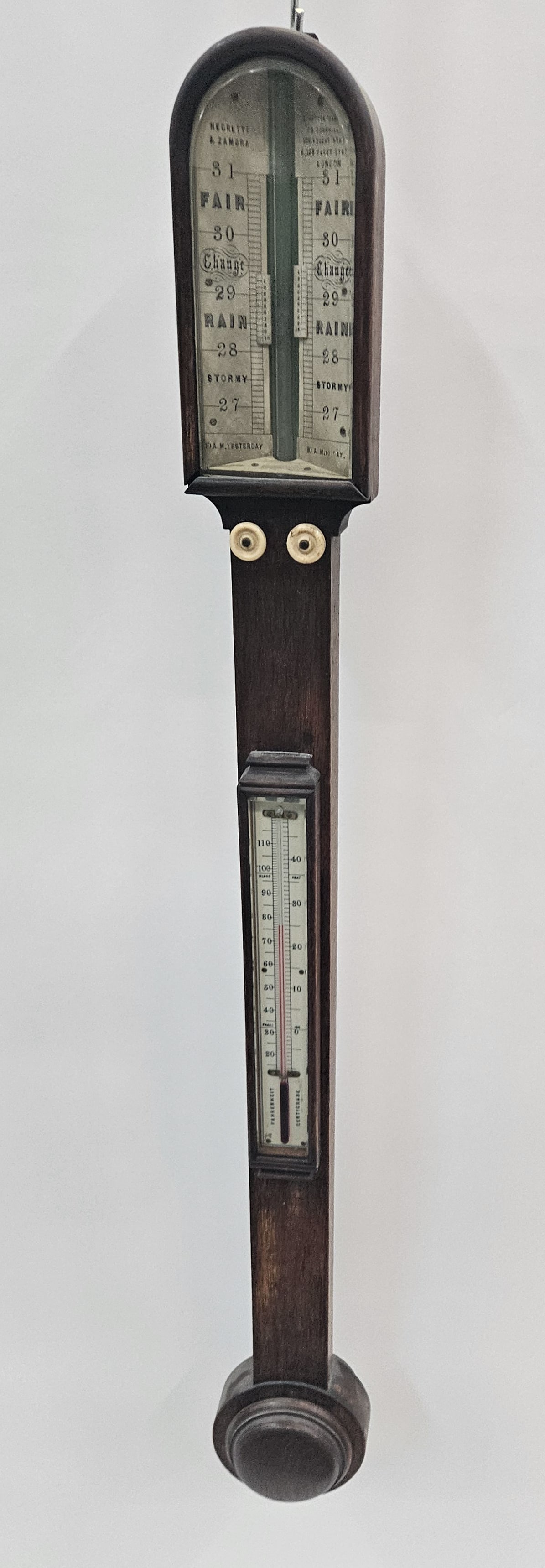 ANTIQUE STICK BAROMETER: By Necretti & Zambra of London; no mercury in stick (thermometer appears to work); H: 36", F-G