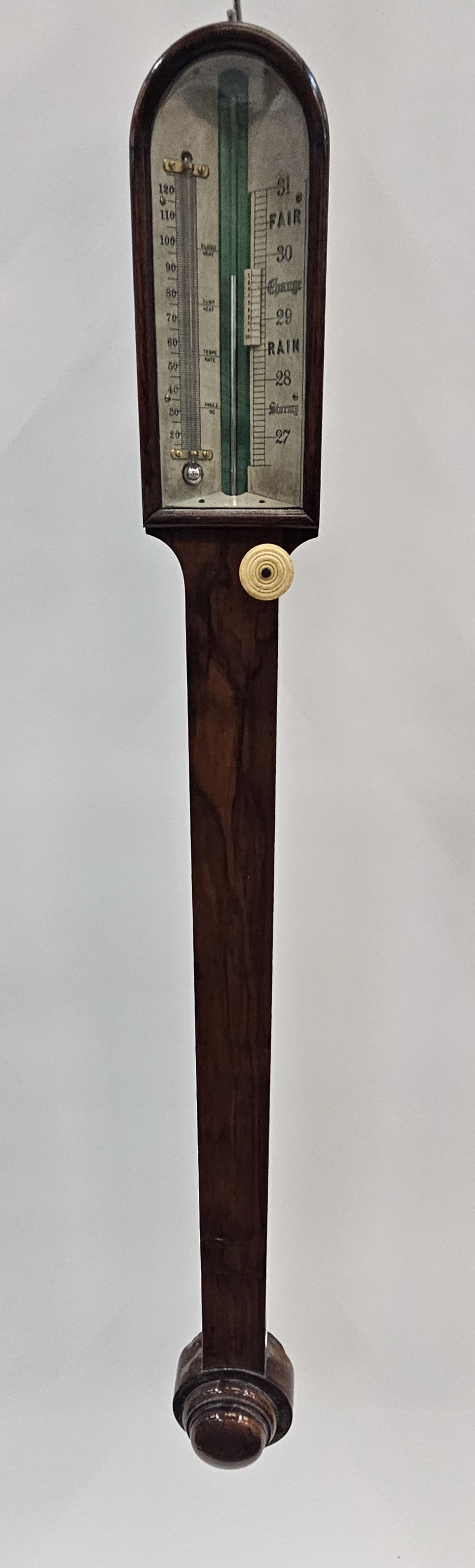 ANTIQUE STICK BAROMETER: English, circa 1860, walnut veneered, ivory scales, manufacturer unknown, H: 36", G-VG