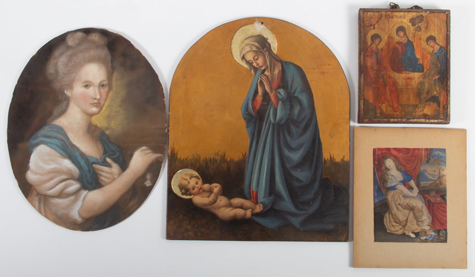 (4) ANTIQUE RELIGIOUS, ETC. PAINTINGS: (1) Icon form- three angels painted on wood, 9"x7"; (1) Mary Magdelene water color, 7"x5.5"; (1) pastel portrait oval of young woman holding locket(?), 16"x11"; (1) Virgin Mary and Jesus, oil on