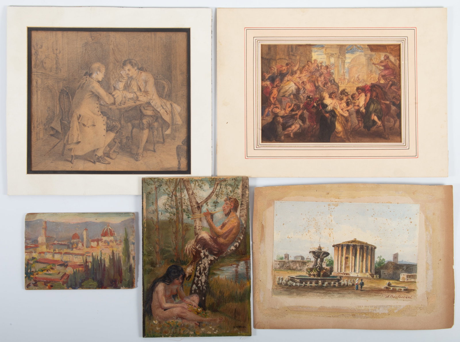 (5) CLASSICAL WATERCOLORS / PAINTINGS: (1) Painting of satyr, A. Wittman, oil on artist board; (1) city scene, oil on panel, impressionistic, unsigned; (1) gentlemen playing game, pencil sketch; (1) looting after battle, watercolor,