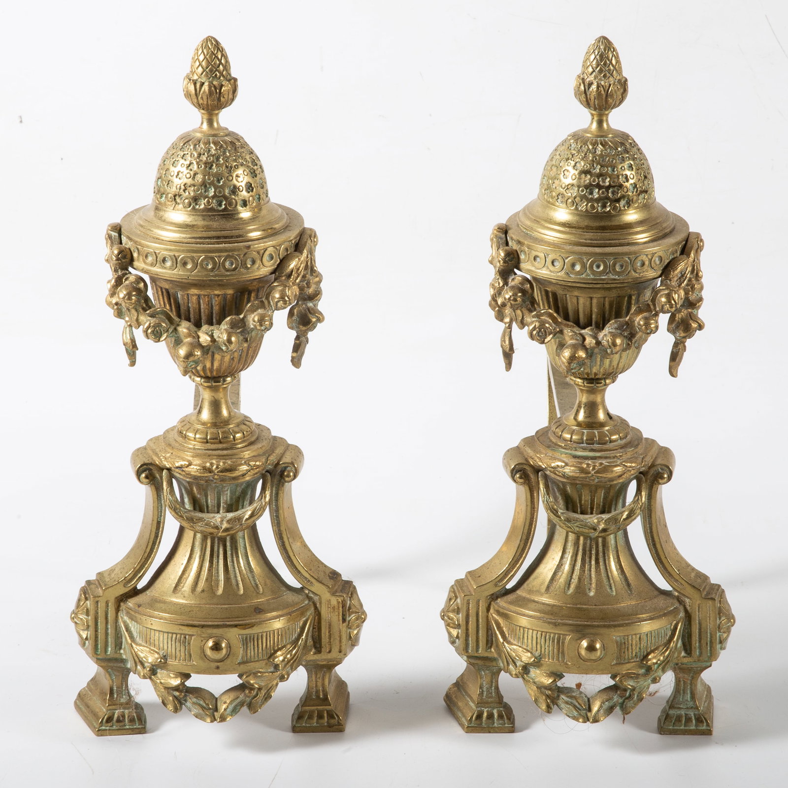 PAIR OF BRONZE CHENETS: Urn form, bronze / brass, H-12 1/2", normal wear, G-VG
