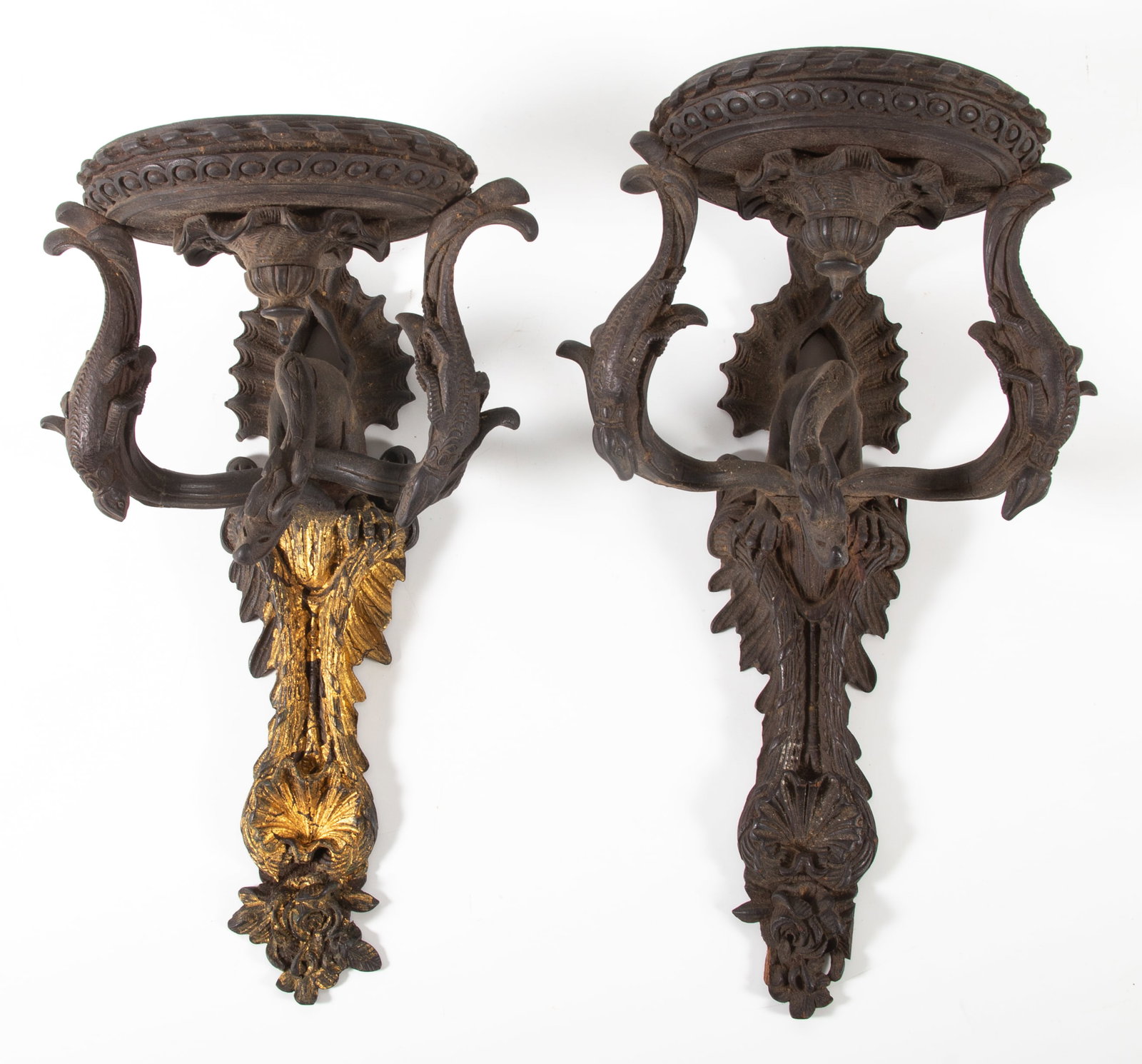 (2) CONTINENTAL FLORAL SCONCES: Pair of carved walnut, ornately carved dragon and lizard sconces; wear, one has traces of gilt, small chips, H: 15", G