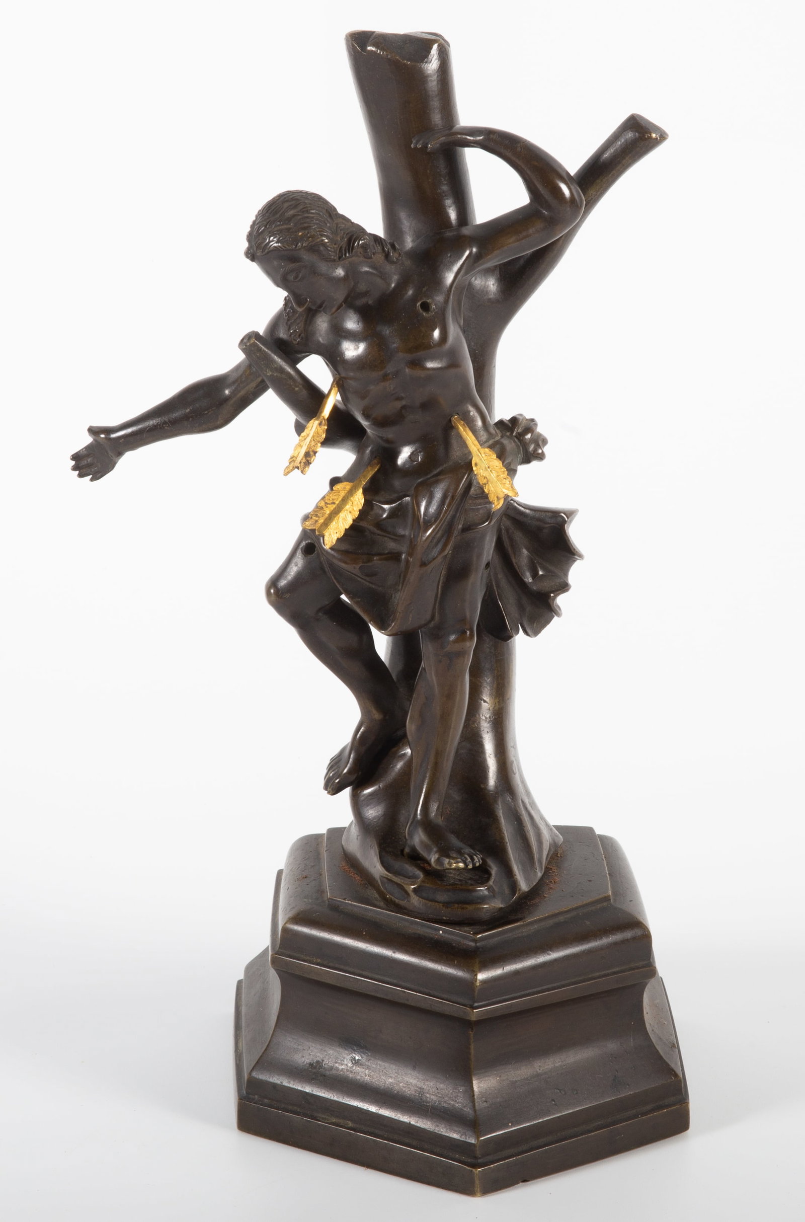 SAINT SEBASTIAN BRONZE: In the Renaissance style, figure mounted on tree with gilt arrows; missing several arrows, H-12", G