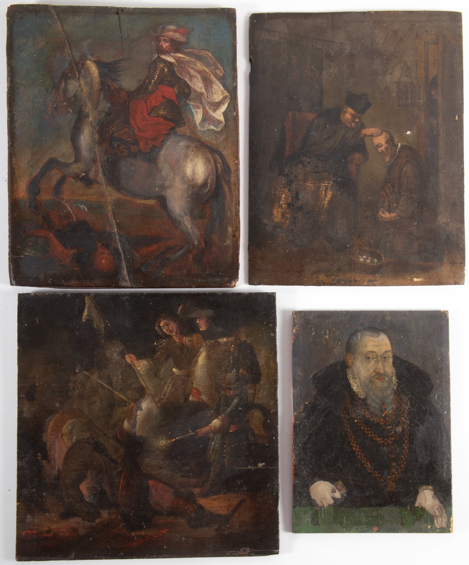 (4) CONTINENTAL CLASSICAL PAINTINGS: Oil on board; (2) religious subjects, (2) battle related subjects; knight on grey horse is split and repaired, all need cleaning and restoration, largest: 11"x9", P-F