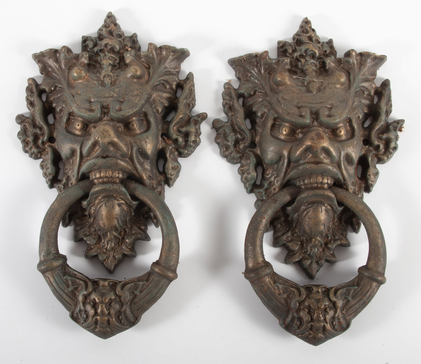 MASSIVE DOOR KNOCKERS: Large cast metal figural knockers of devil(?) head; wear, H-14", F-G
