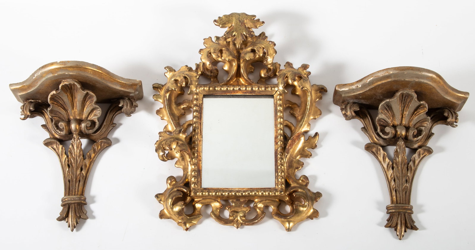 (2) ITALIAN GILT WOOD SCONCES: Together with vintage gilt wood small mirror; wear, some chips, H-8"xL-7 1/2", G
